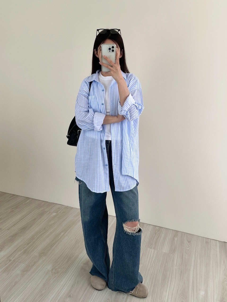 清爽棉麻直紋微長版襯衫