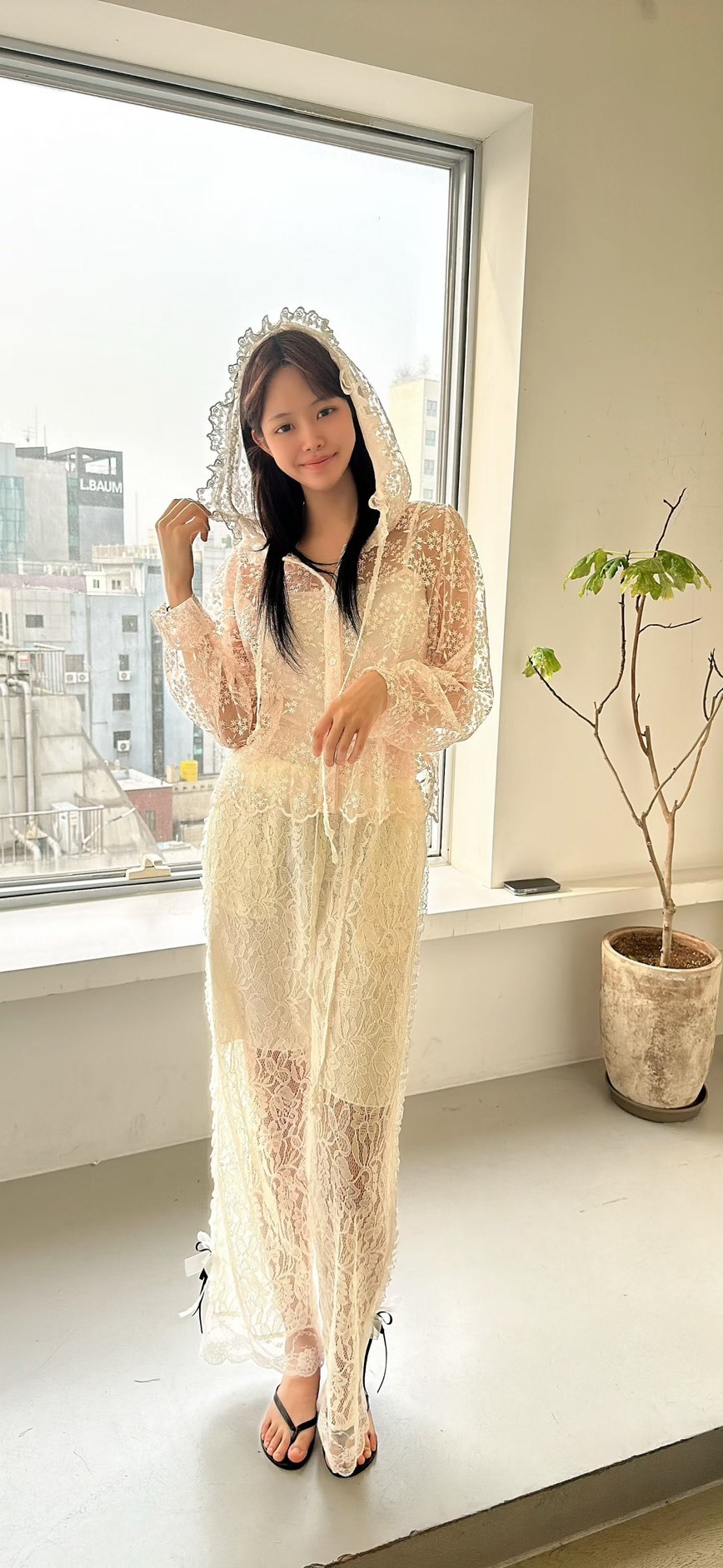 全蕾絲側蝴蝶結長褲