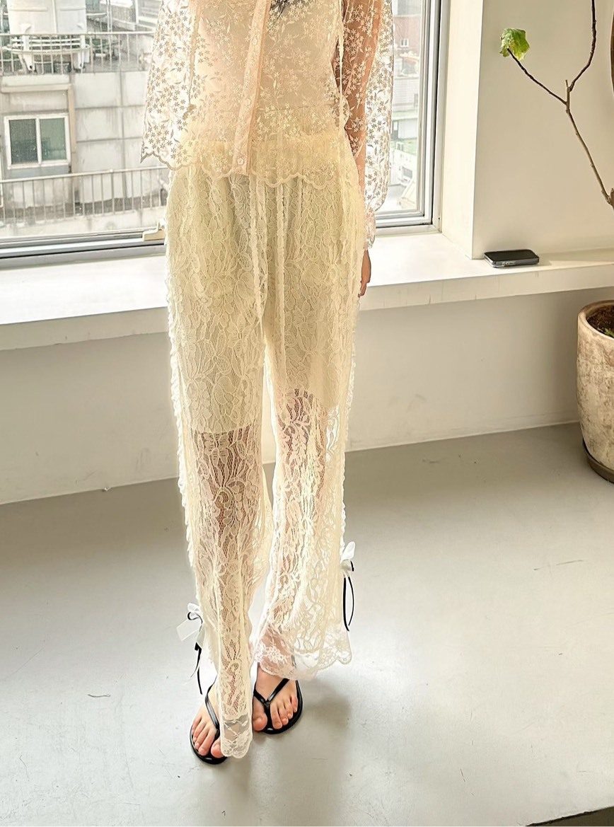 全蕾絲側蝴蝶結長褲