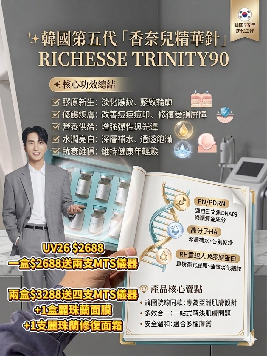 UV26 韓國第五代「香奈兒精華針」RICHESSE TRINITY90 (10支裝) UV26A$2688 買一盒送2支MTS儀器  / UV26B二盒$3288盒送4支mts儀器+1盒麗珠蘭面膜+1支麗珠蘭修復面霜+牛奶蛋白精華/ UV26C 二盒$3288盒送4支mts儀器+1盒麗珠蘭面膜+1支麗珠蘭修復面霜+黃金人參面膜+外泌體氣墊
