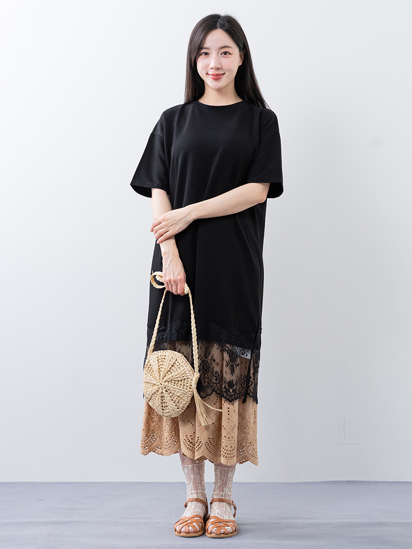 下擺蕾絲剪接連身裙繡花純棉寬褲組合