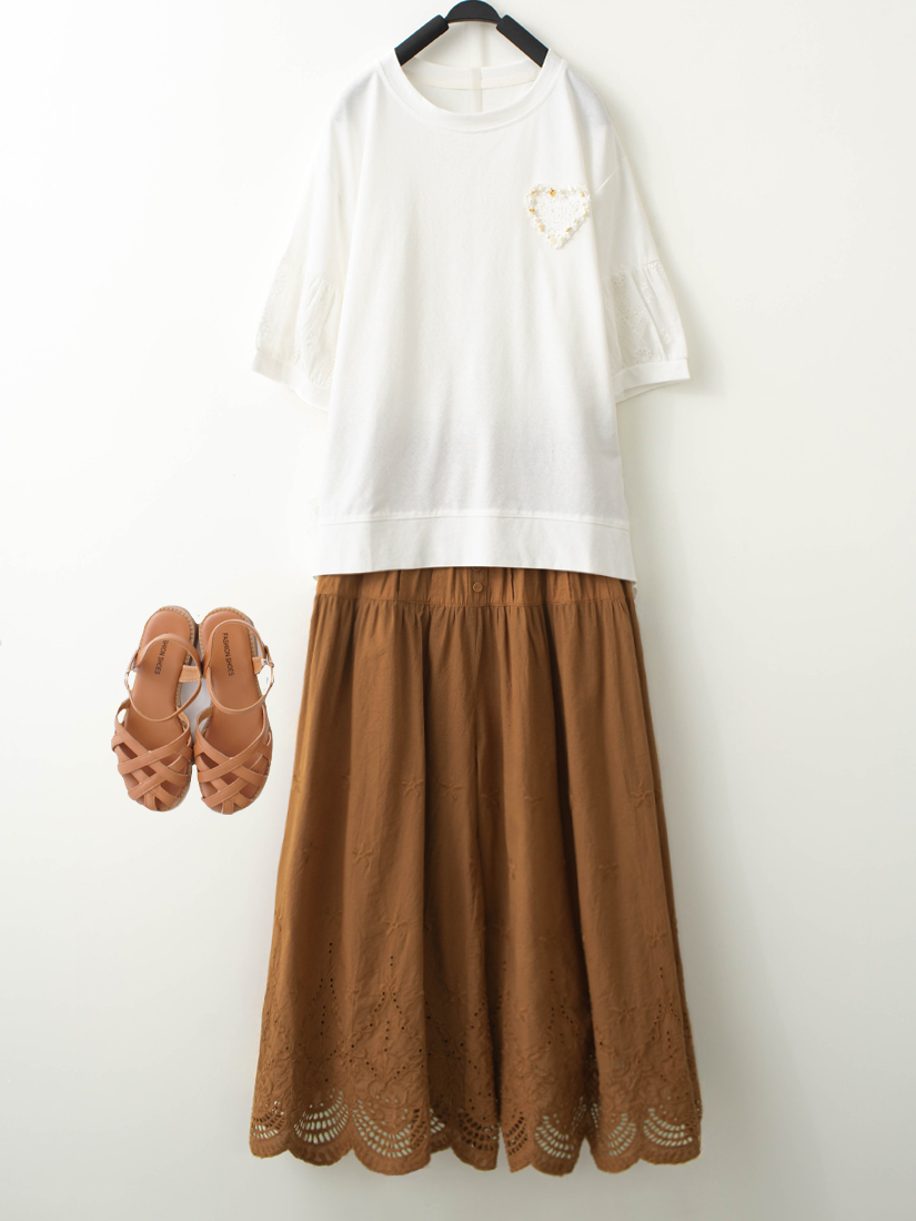 蕾絲蓬蓬袖上衣森系繡花純棉柔軟寬褲組合