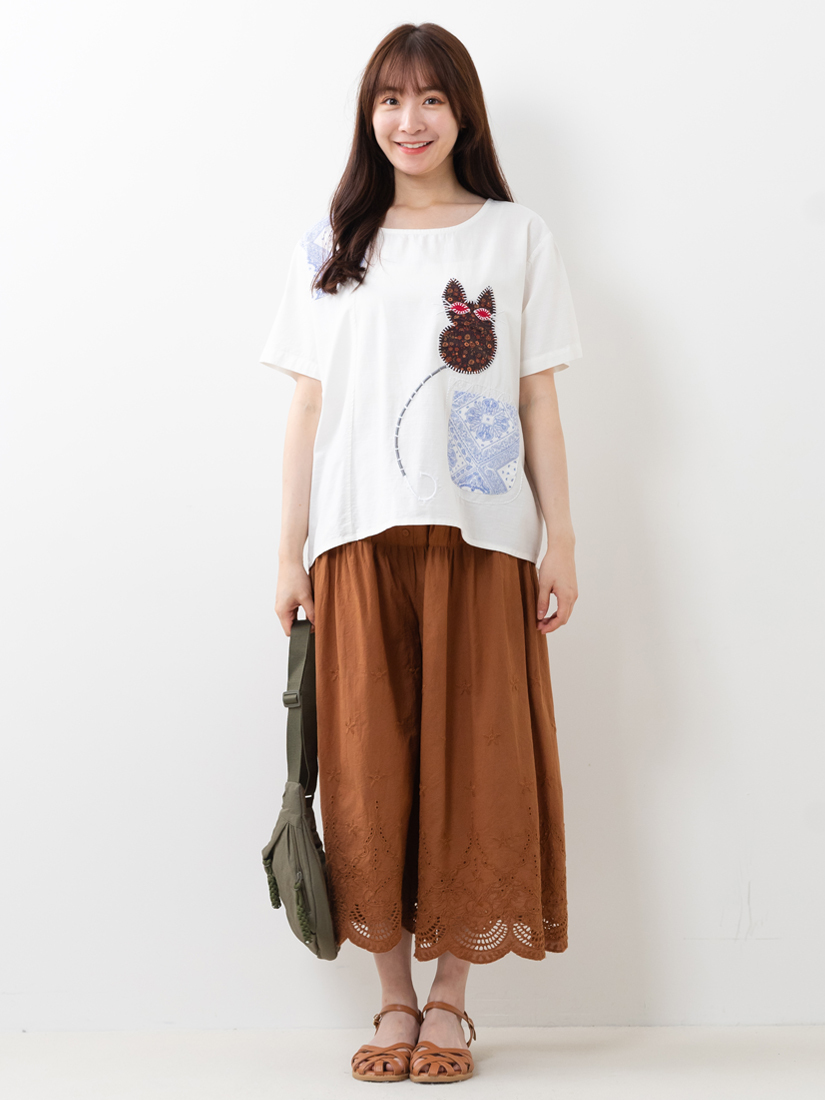 拼布小貓口袋棉麻感上衣繡花純棉寬褲組合