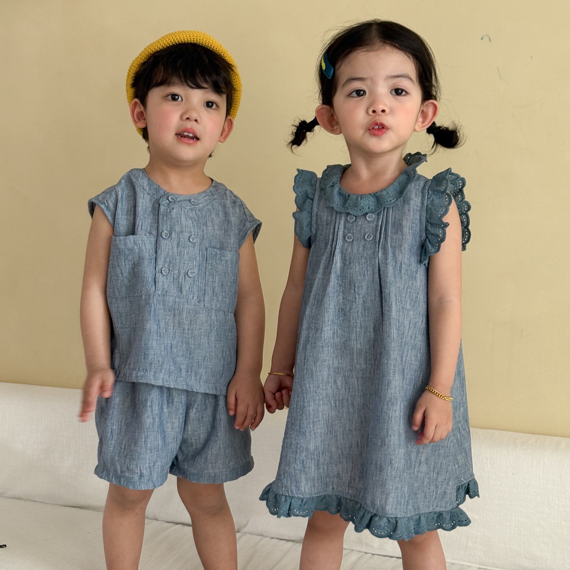 兄弟姐妹一起穿_淺藍鈕扣套裝/洋裝