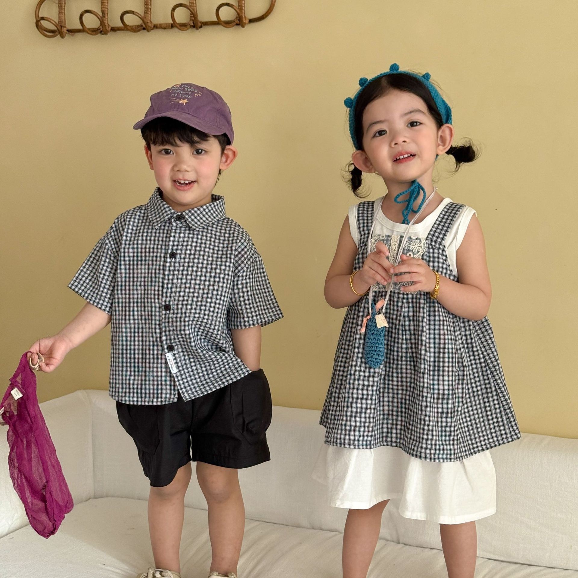 兄弟姐妹一起穿_清新黑白格紋套裝/洋裝