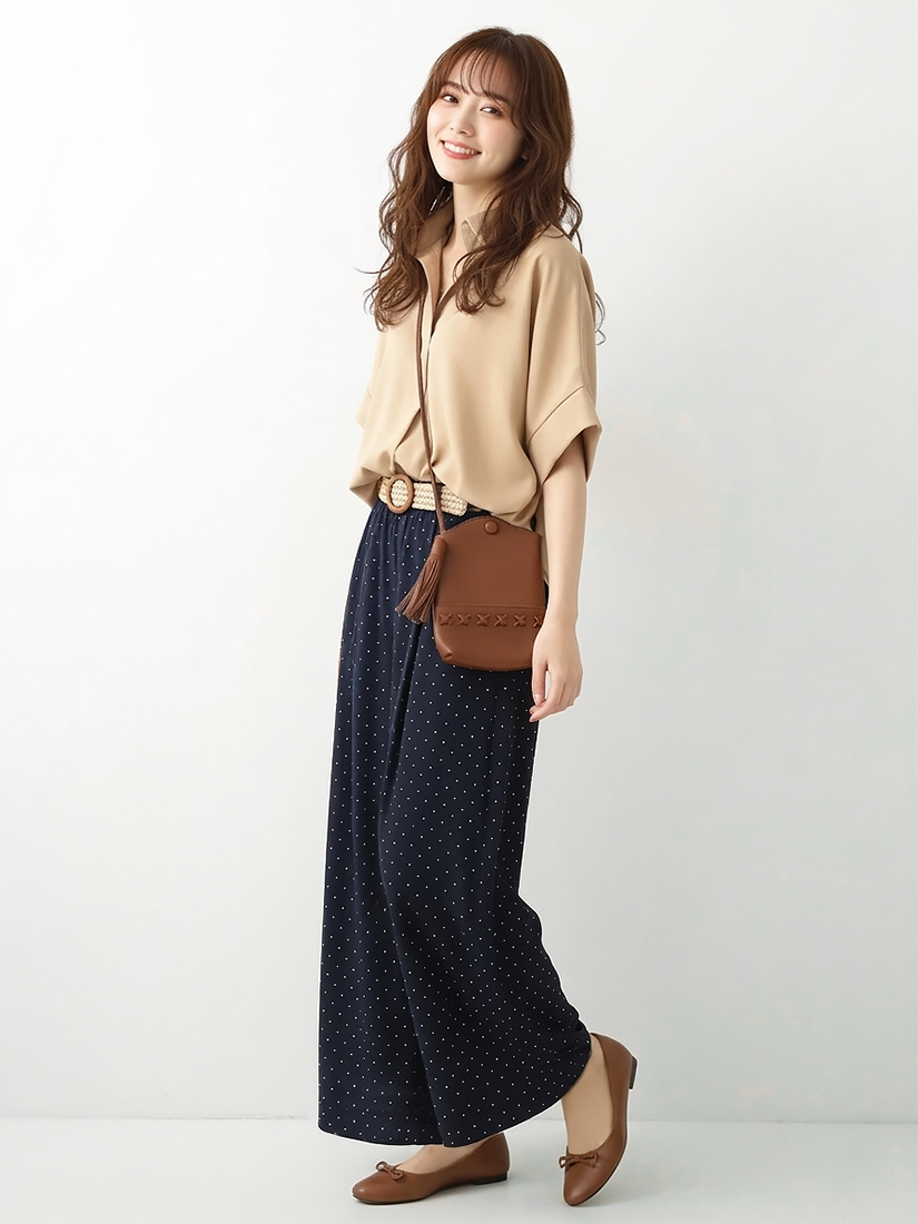 反摺短袖上衣棉麻感點點印花九分寬褲組合