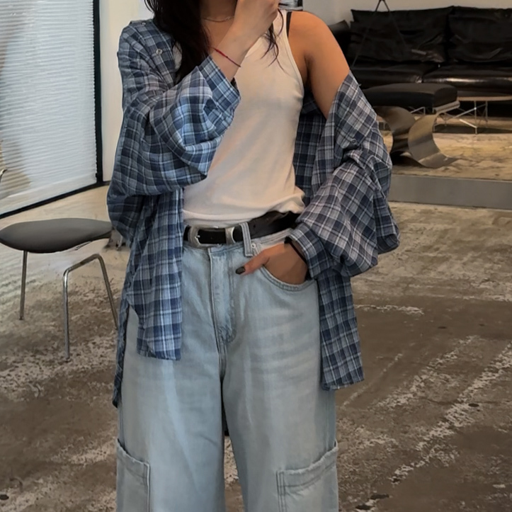 AS02春神的繽紛格紋色寬鬆慵懶襯(藍)