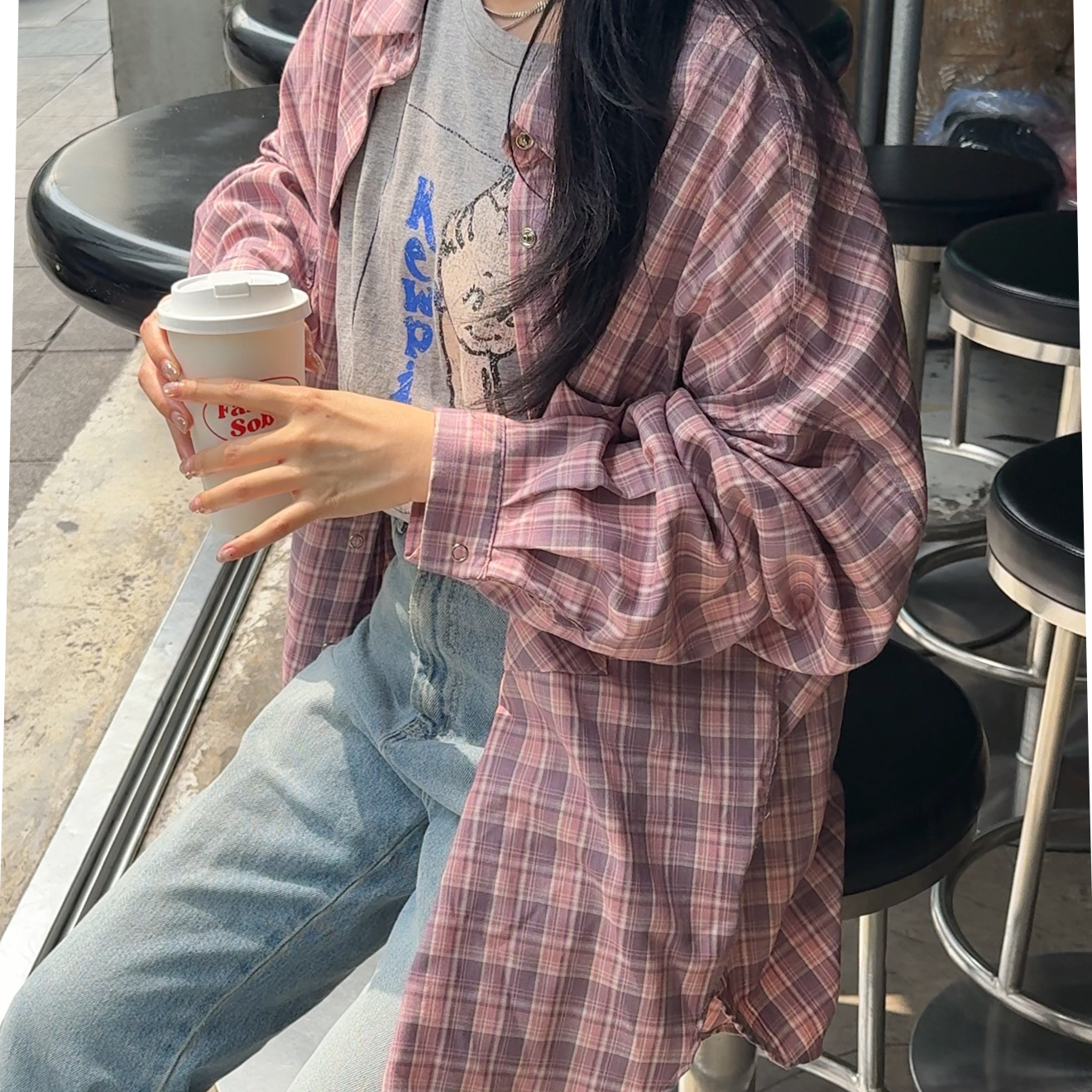 AS02春神的繽紛格紋色寬鬆慵懶襯(粉紫)