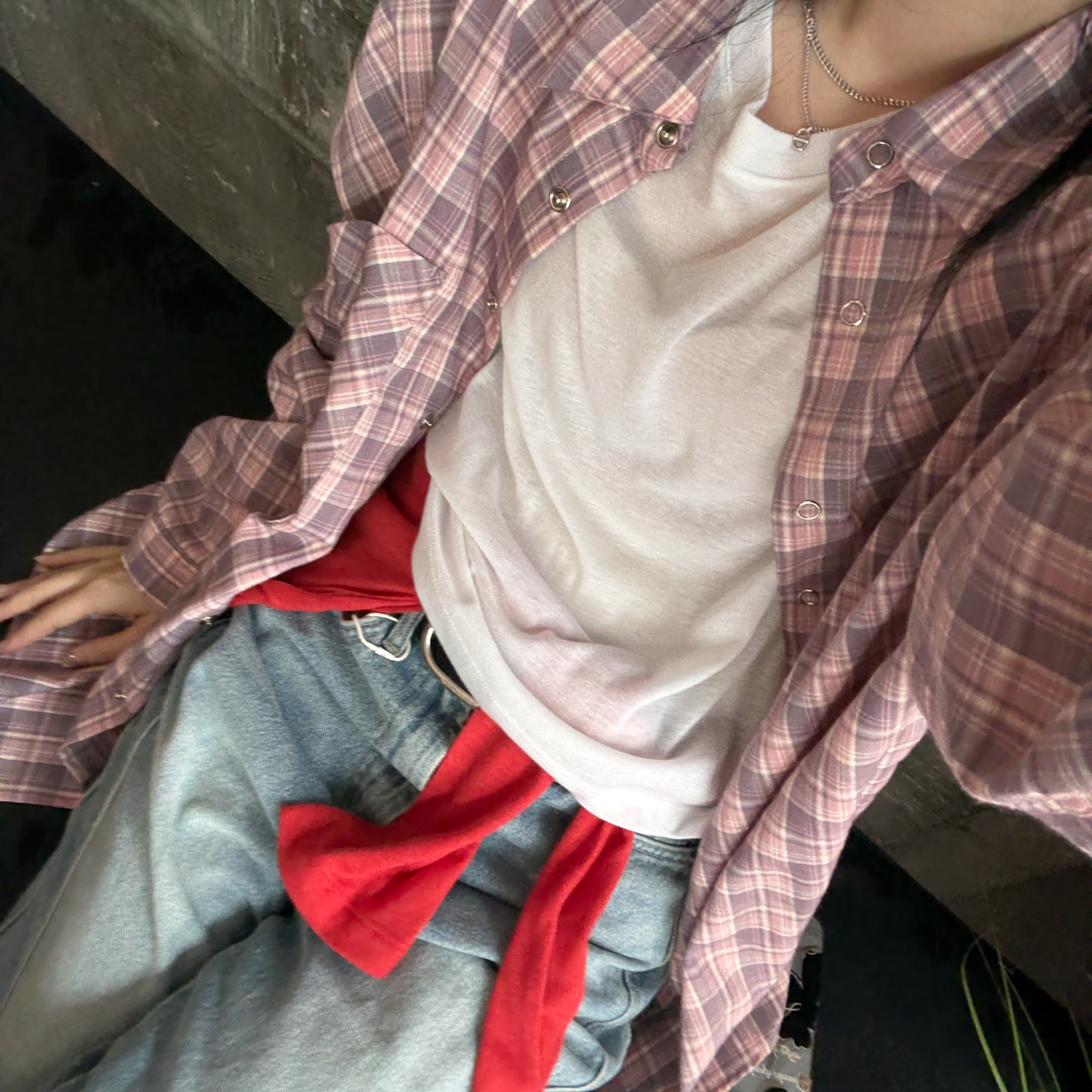 AS02春神的繽紛格紋色寬鬆慵懶襯(粉紫)