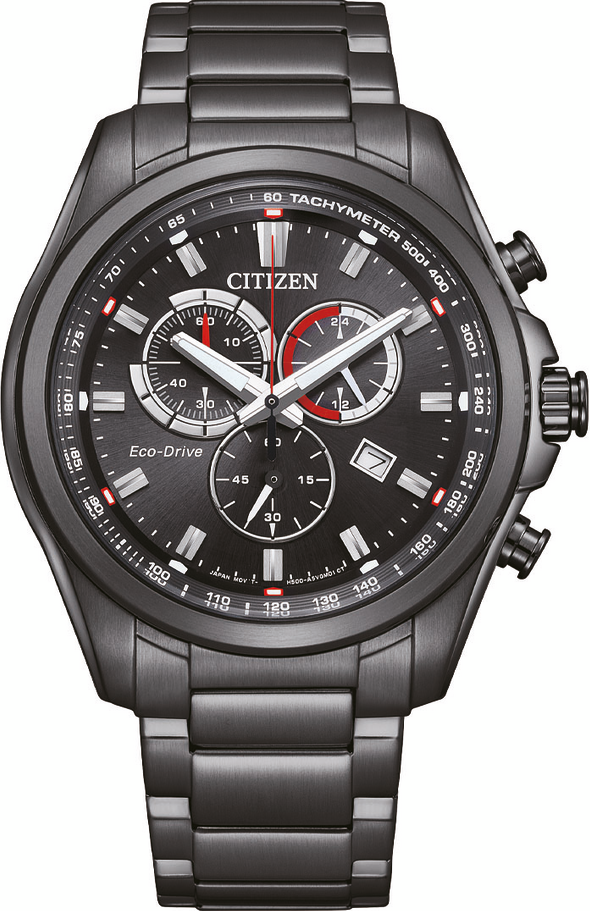 萬年鐘錶 - Citizen 星辰錶  光動能系列 全黑賽車款光動能三眼計時男錶 AT2137-50F  錶徑43MM