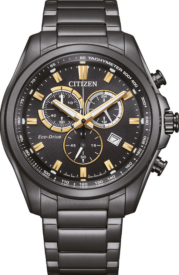 萬年鐘錶 - Citizen 星辰錶  光動能系列 全黑賽車款金色指針光動能三眼計時男錶 AT2137-50E  錶徑43MM