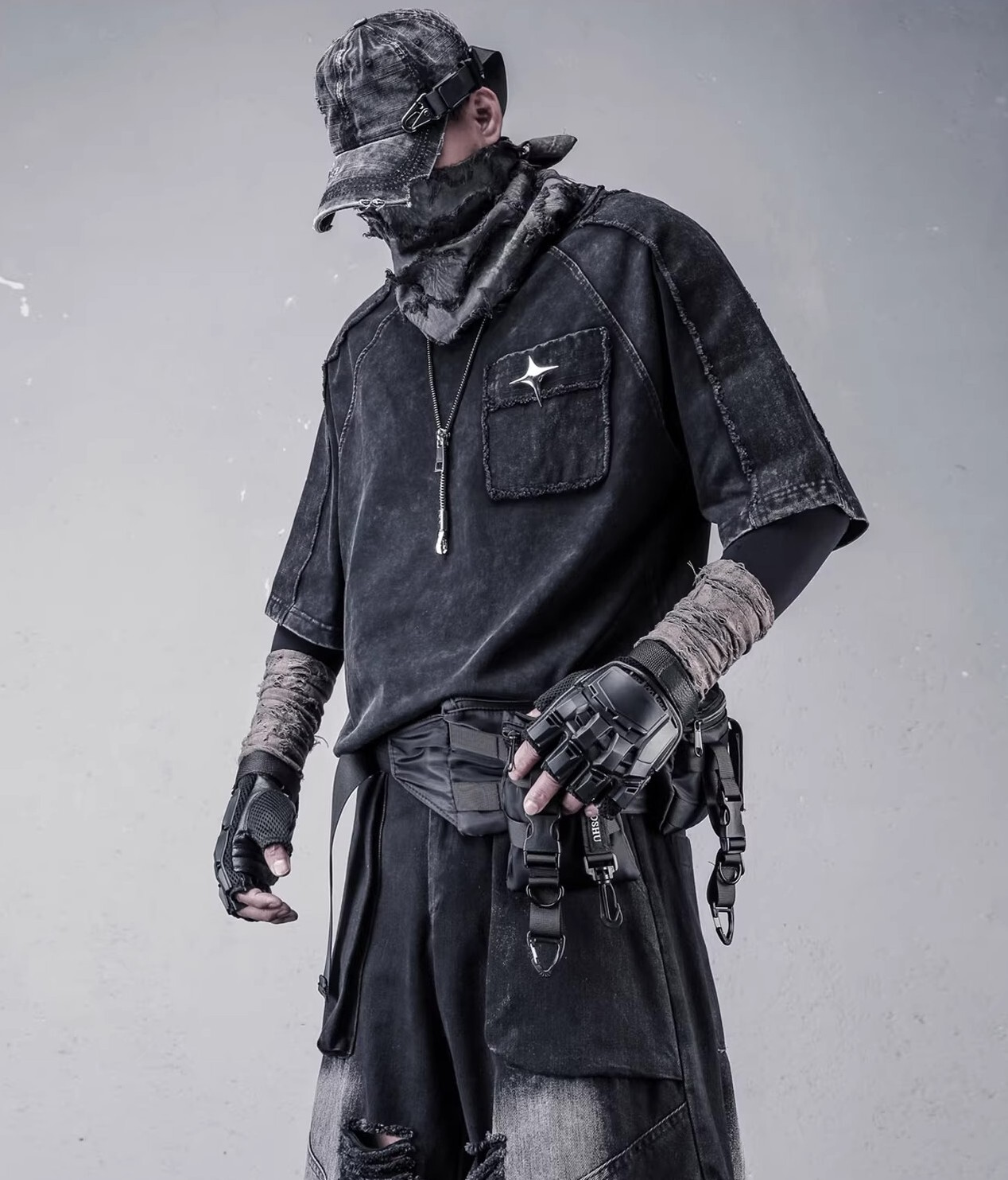 𝙏𝙀𝘾𝙃𝙒𝙀𝘼𝙍 廢土機能工裝做舊水洗五分袖