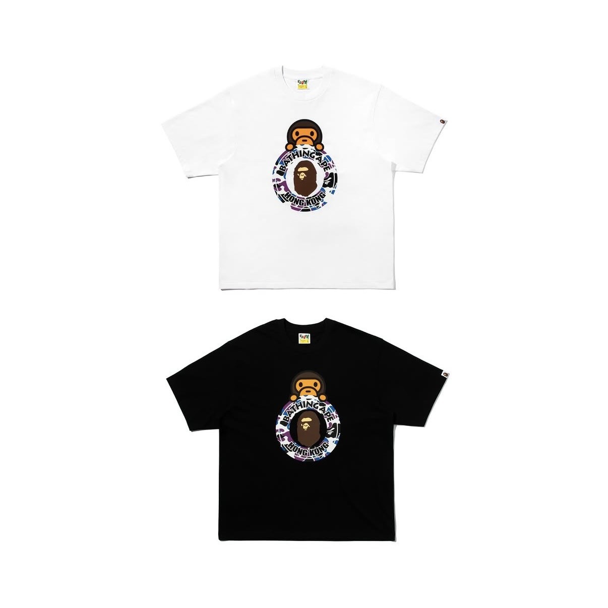 -(B3b01)-A BATHING APE BAPE BABY MILO HONG KONG 香港 20 週年限定 黑紫迷彩 猿人頭 短Ｔ 黑色/白色-002TEM221302M