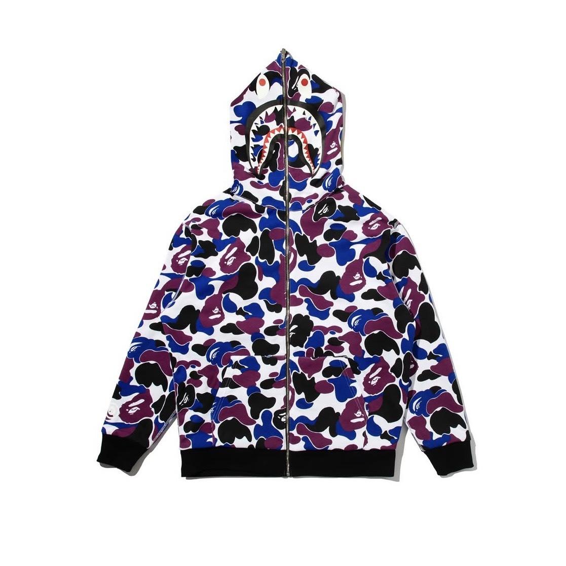 -(B2b05)-A BATHING APE BAPE HONG KONG CAMO SHARK HOODIE 香港 20 週年限定 雙面穿 鯊魚 連帽外套 黑紫迷彩-1M22115302
