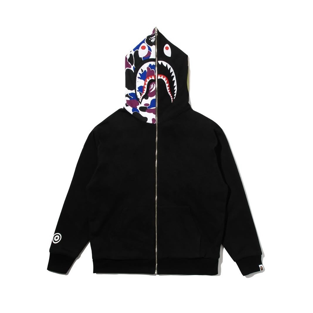 -(B2b05)-A BATHING APE BAPE HONG KONG CAMO SHARK HOODIE 香港 20 週年限定 雙面穿 鯊魚 連帽外套 黑紫迷彩-1M22115302