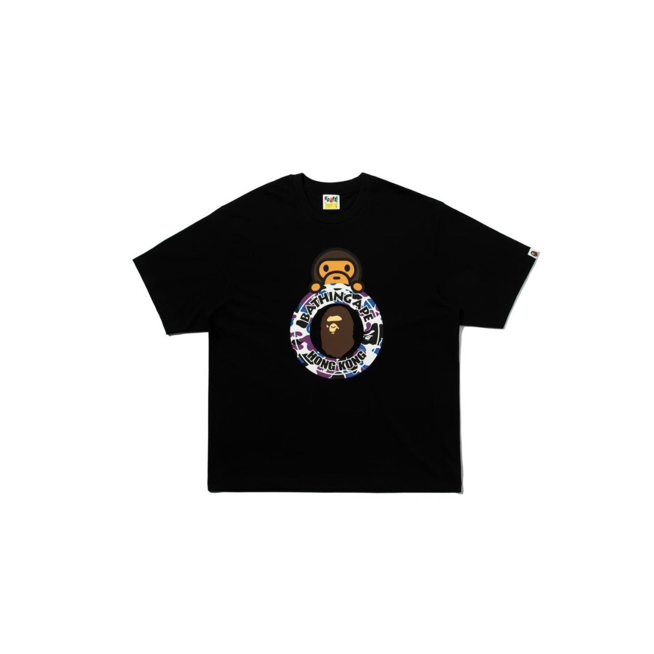 -(B3b01)-A BATHING APE BAPE BABY MILO HONG KONG 香港 20 週年限定 黑紫迷彩 猿人頭 短Ｔ 黑色/白色-002TEM221302M