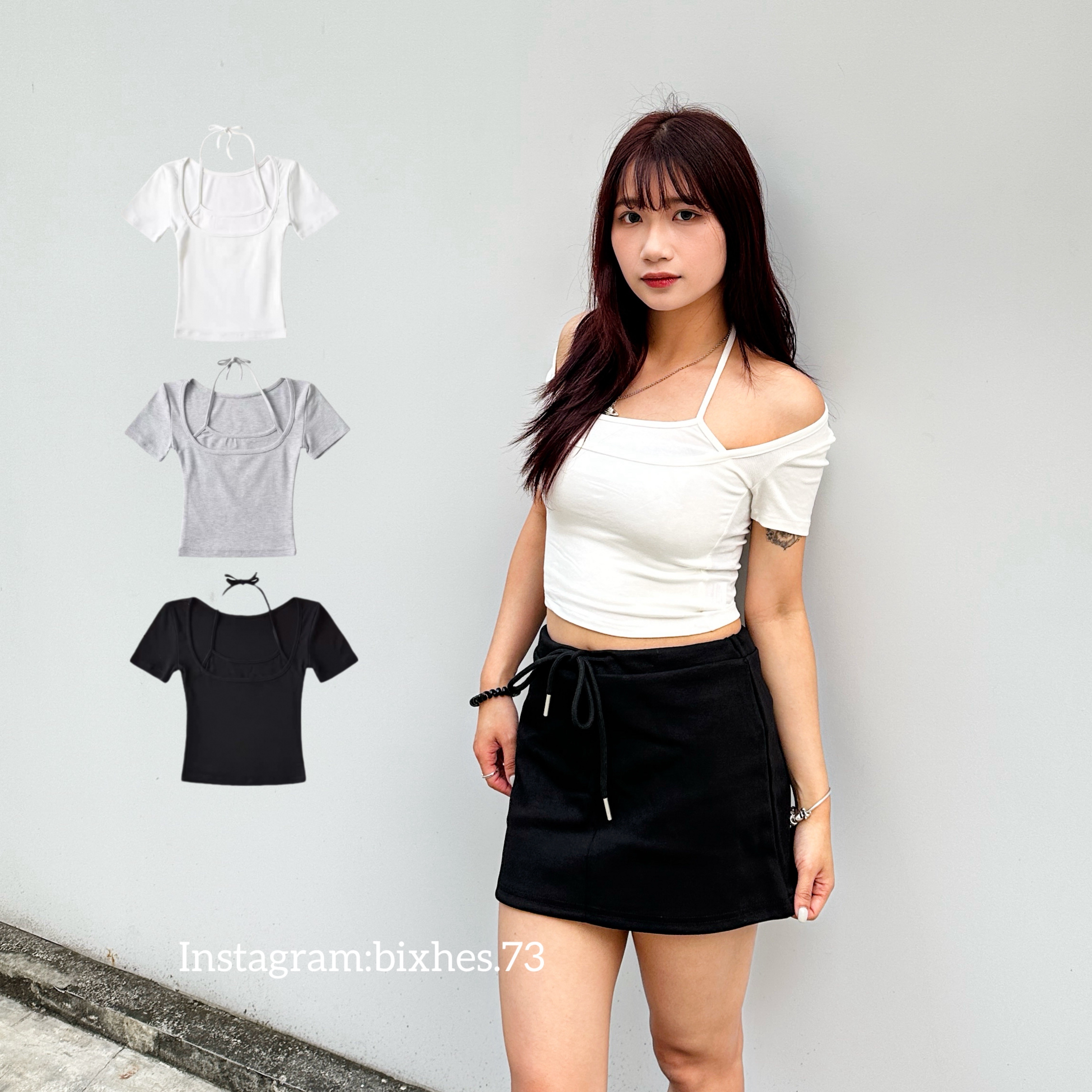 同色系假兩件掛脖短版T(A00007)