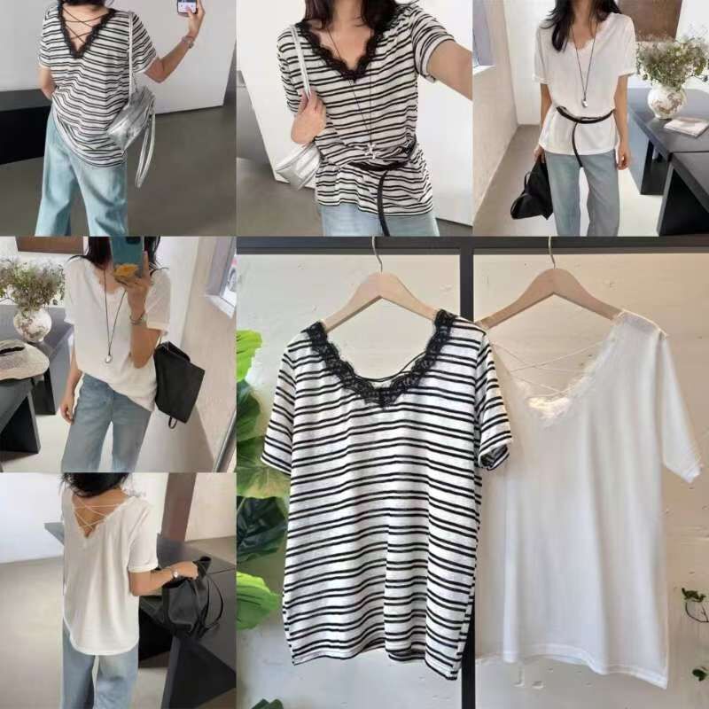 HP6042 拼蕾絲後交叉寬鬆Tee