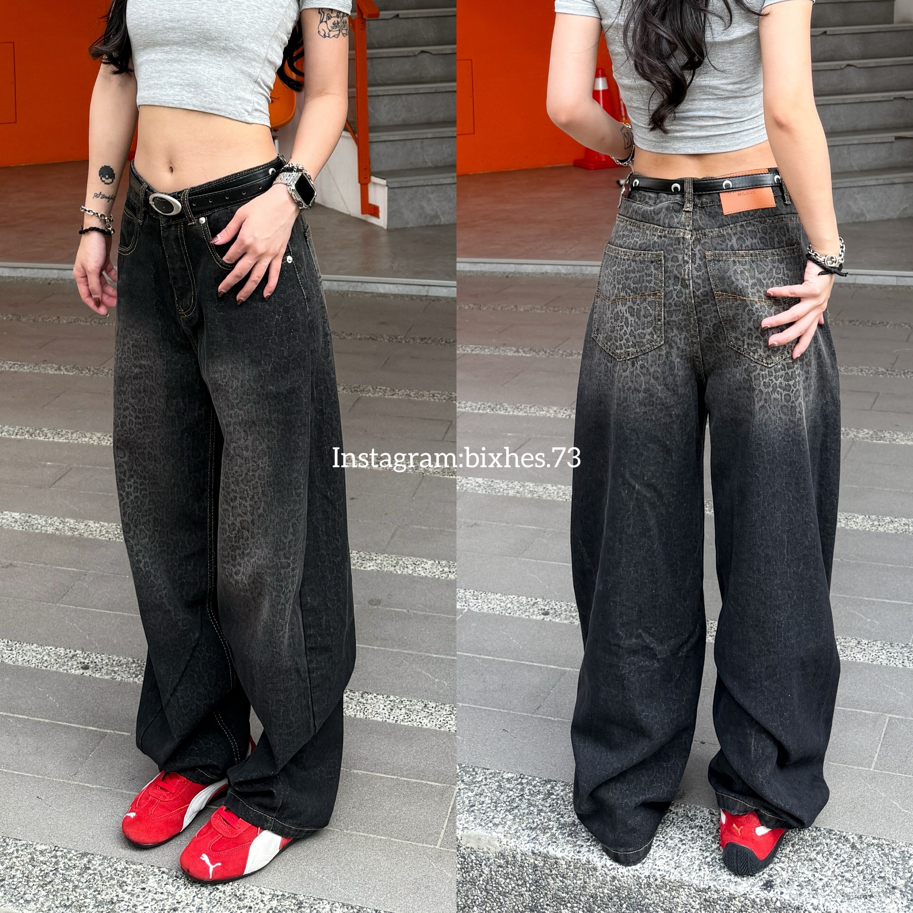 漸層黑底豹紋牛仔褲(E00061)