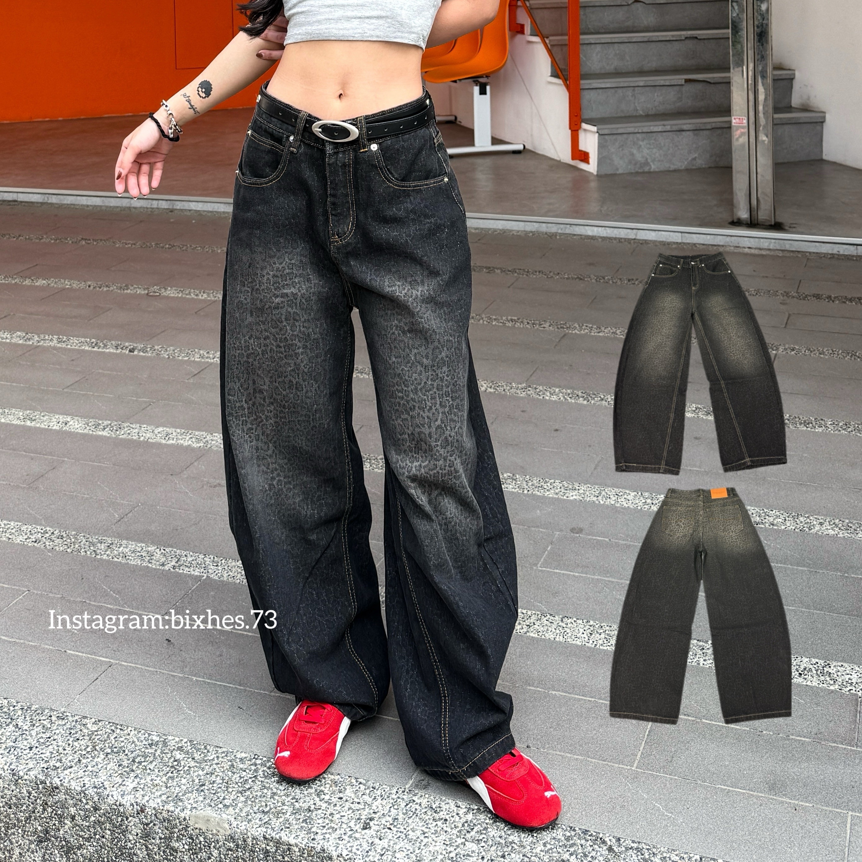 漸層黑底豹紋牛仔褲(E00061)