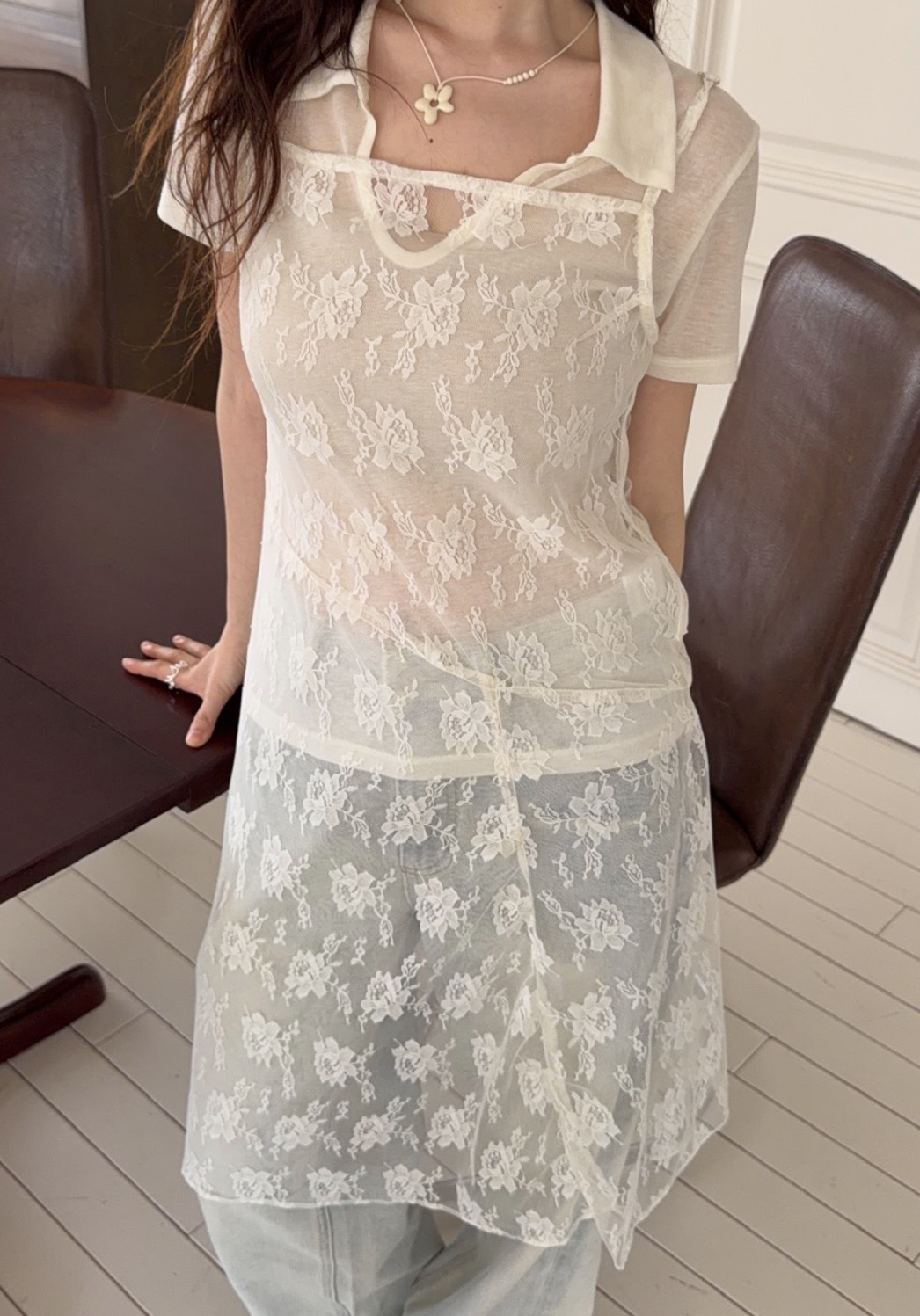 A90/透膚蕾絲細肩長洋裝