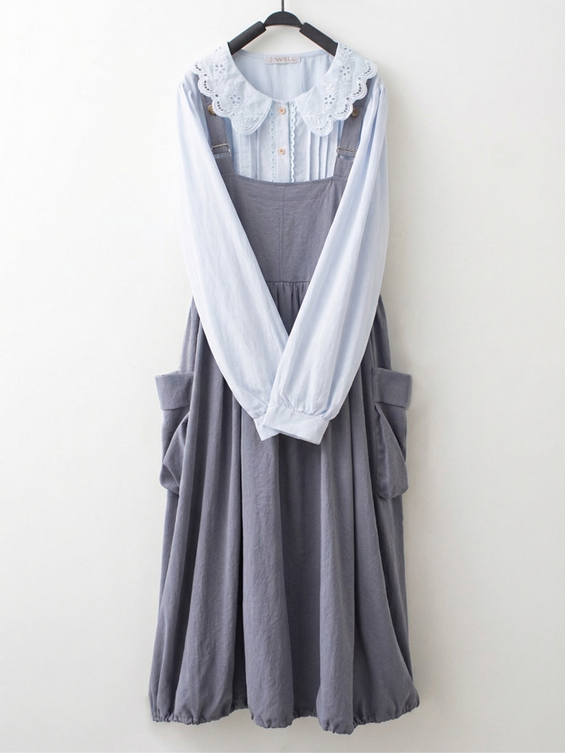 花苞吊帶洋裝蕾絲繡花領壓褶開襟長袖襯衫