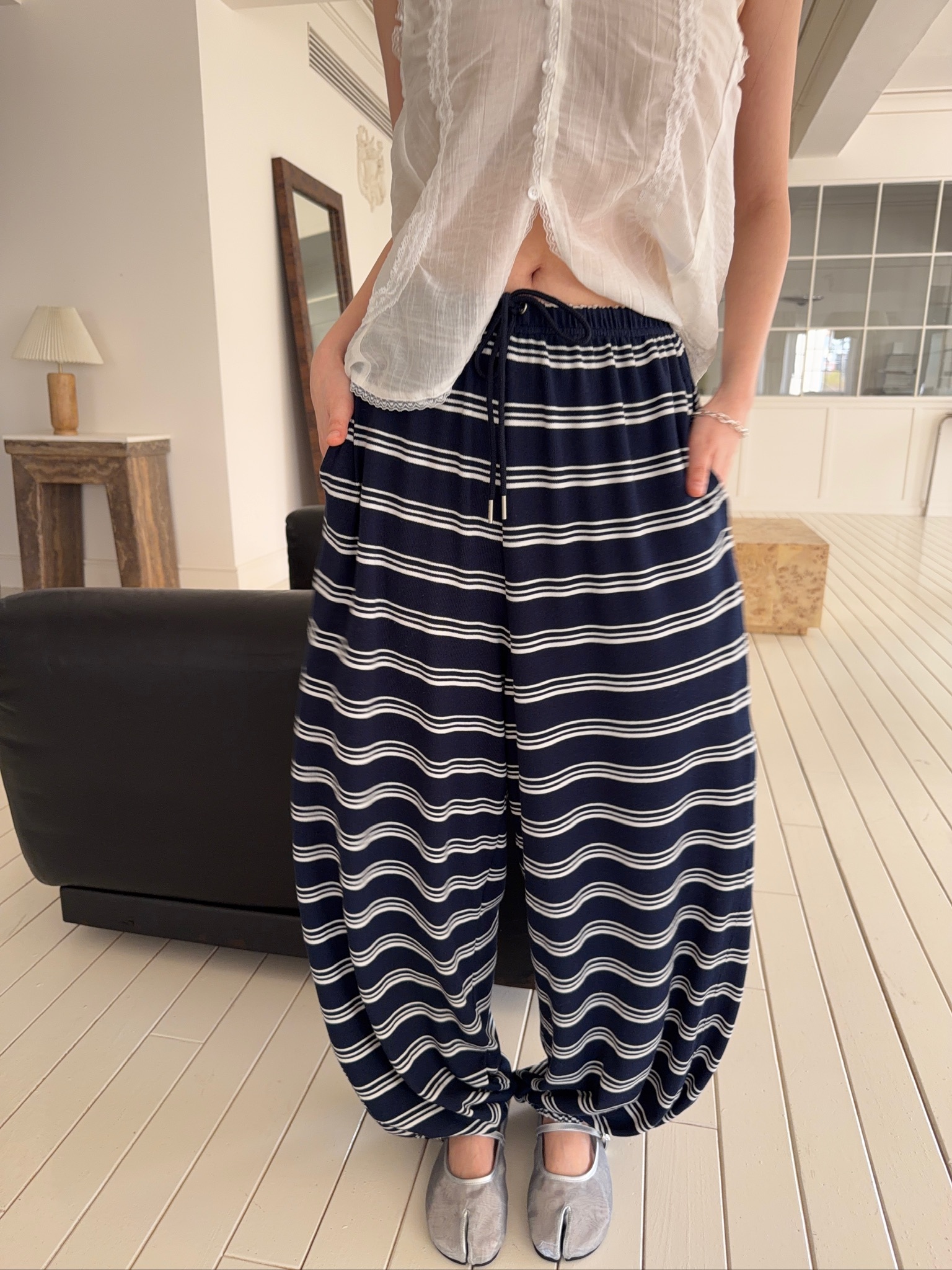 A12/隨心所欲阿拉丁寬鬆條紋針織長褲