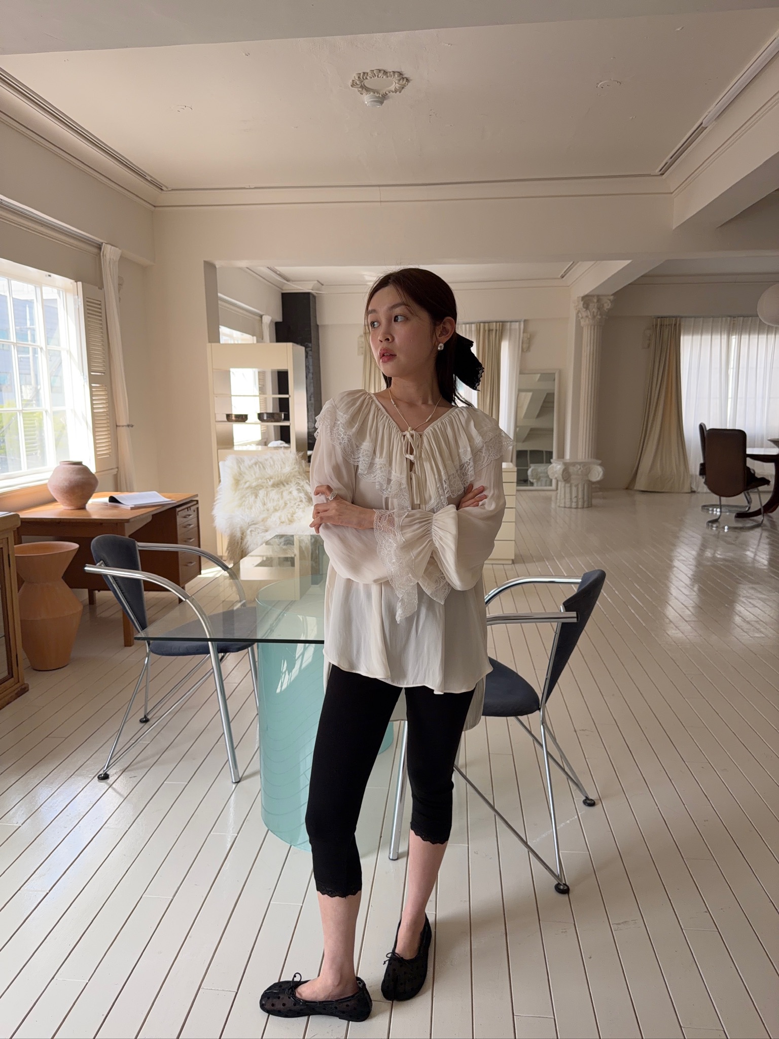 A40/滾邊蕾絲內搭7分打底棉褲