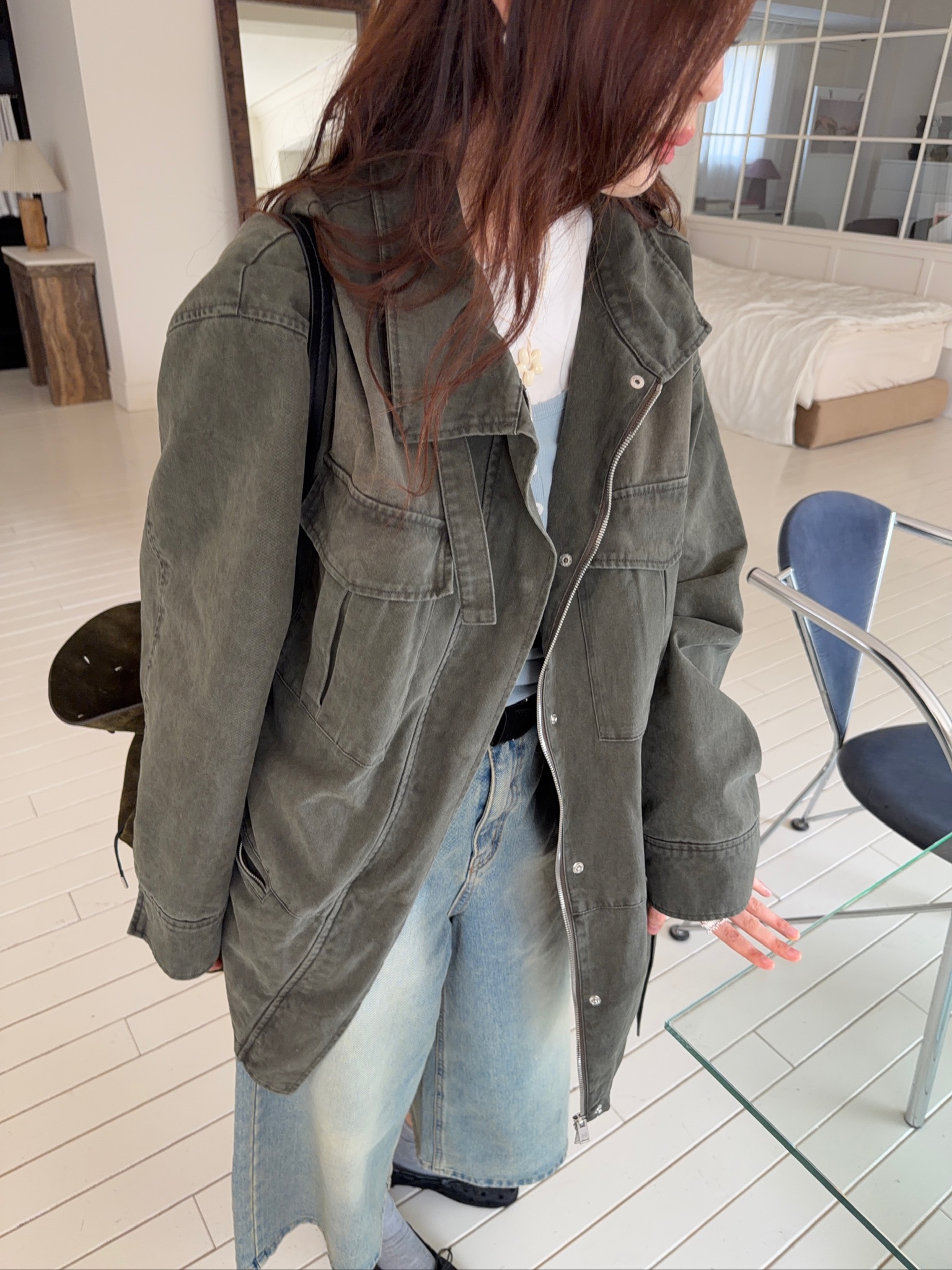 A46/英英玉立長版工裝立領外套