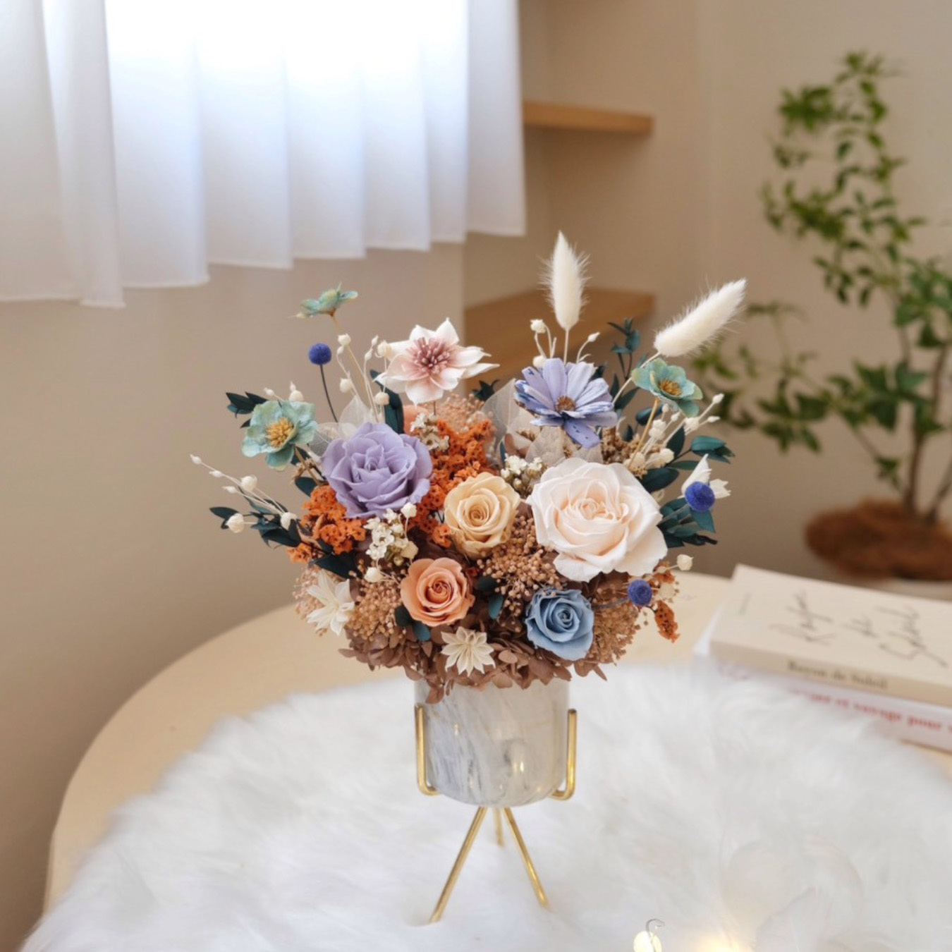 閒暇人經典永生盆花_莫蘭迪藍與溫柔棕（ L豐富款）