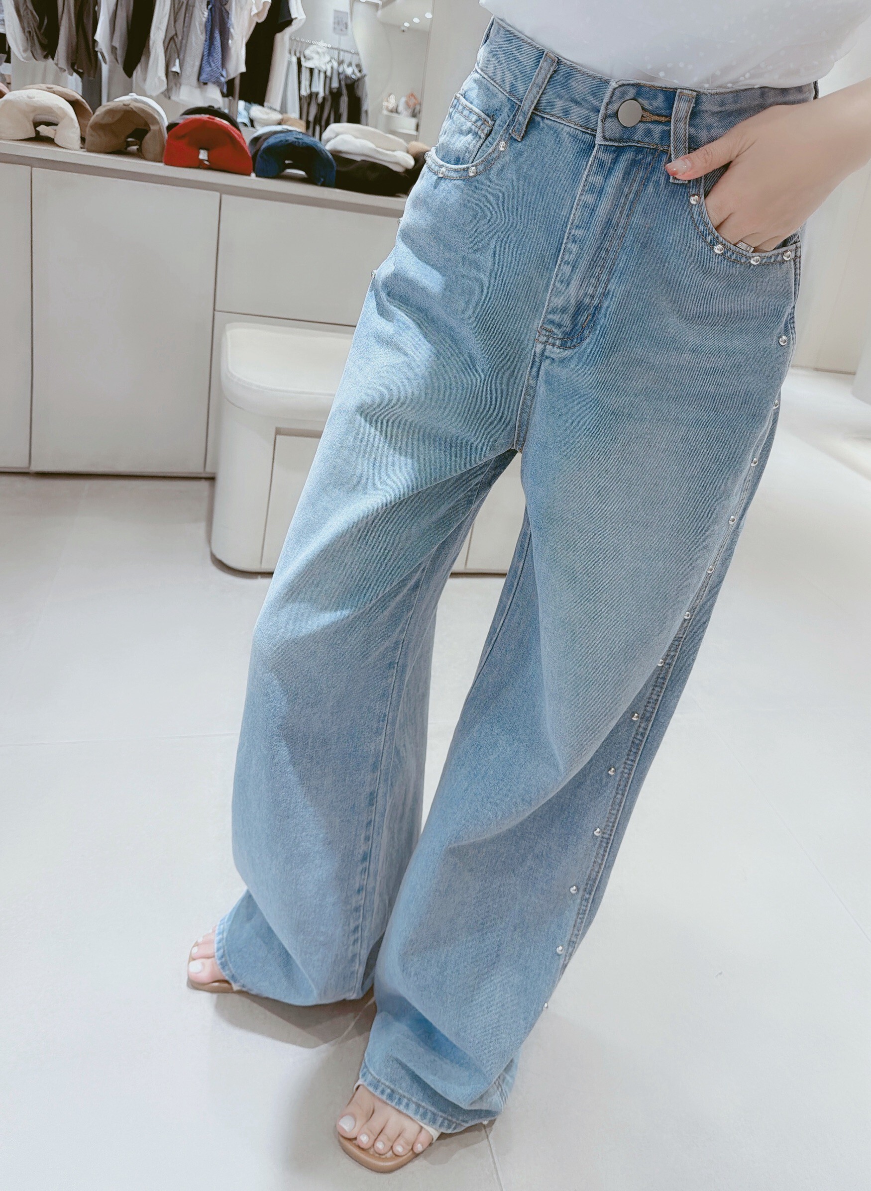 卯釘邊牛仔寬褲 9128