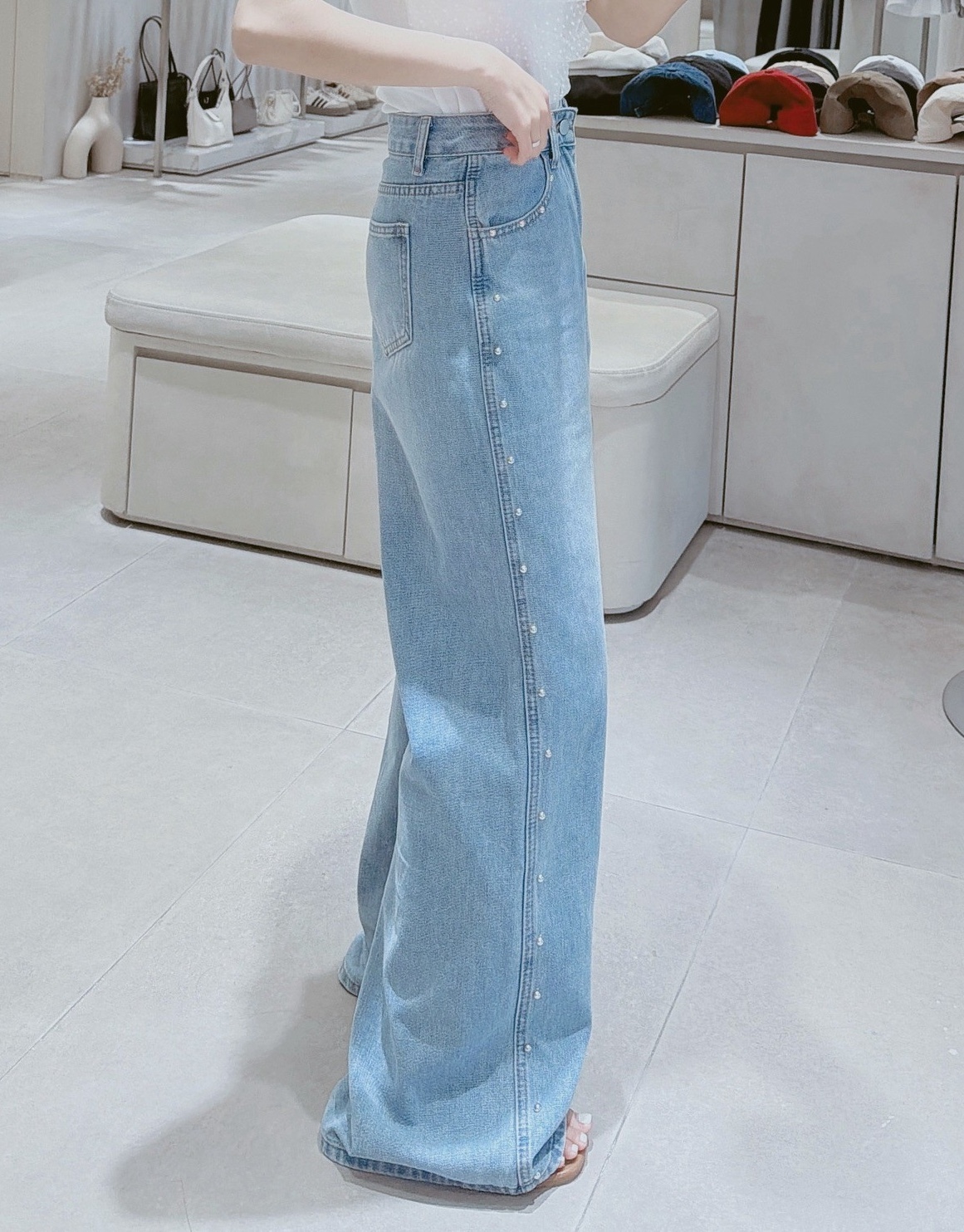 卯釘邊牛仔寬褲 9128