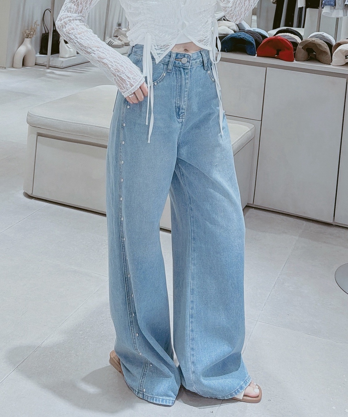 卯釘邊牛仔寬褲 9128