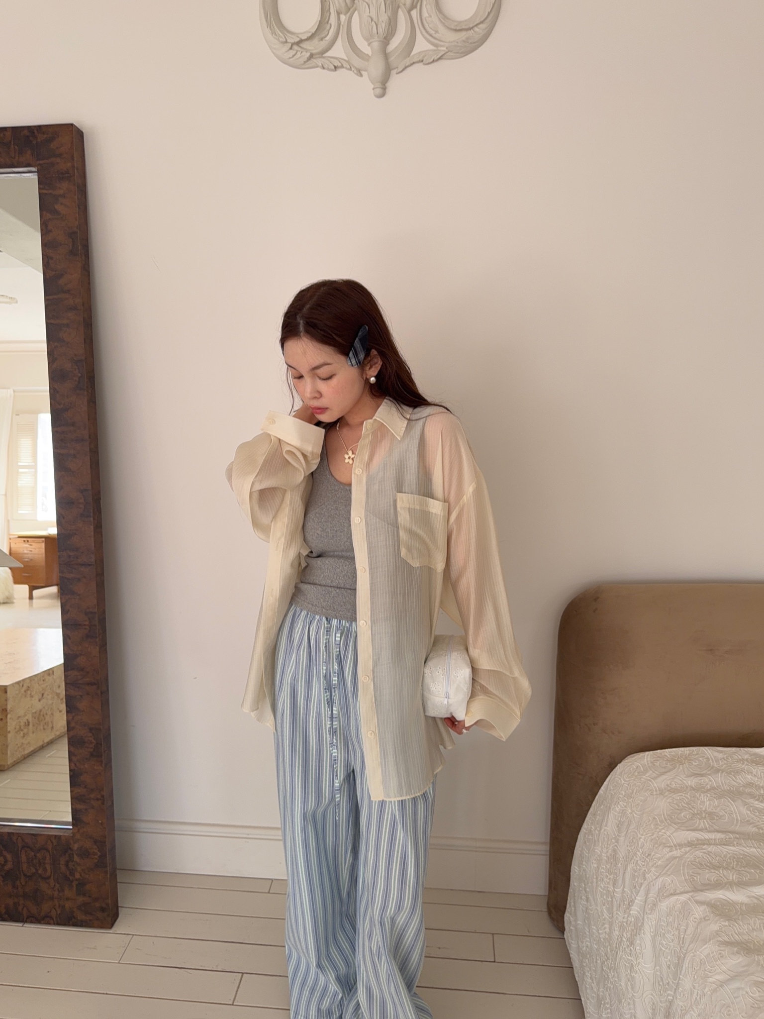 A03/仙氣飄飄條紋親膚防曬長袖襯衫