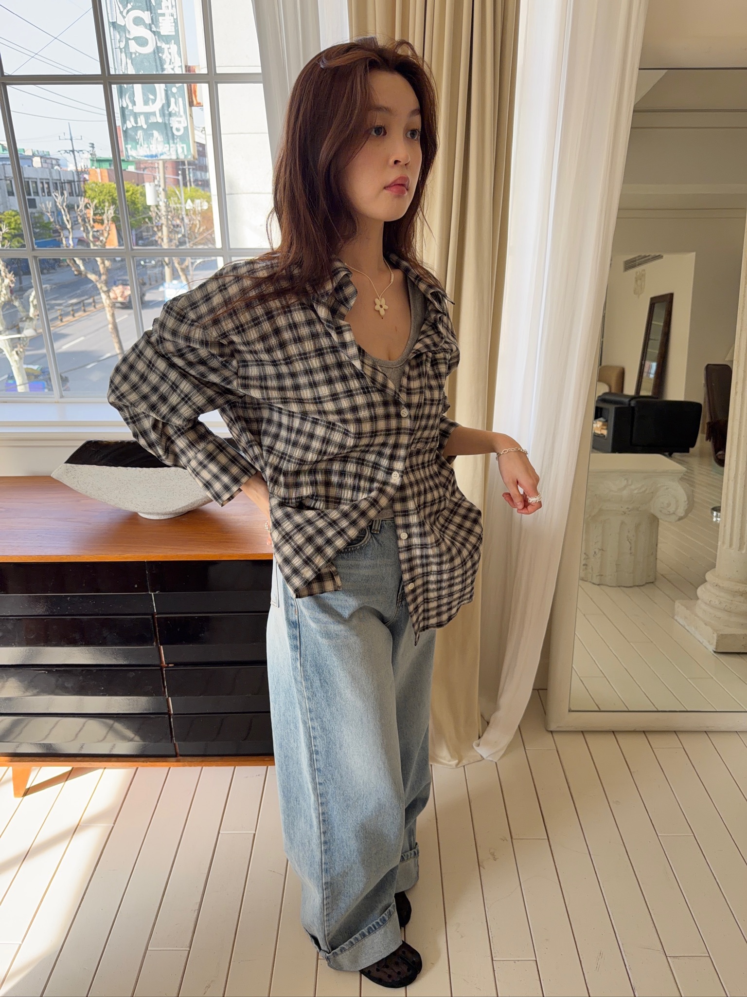 A17/西洋棋盤格紋澎皺感長袖襯衫