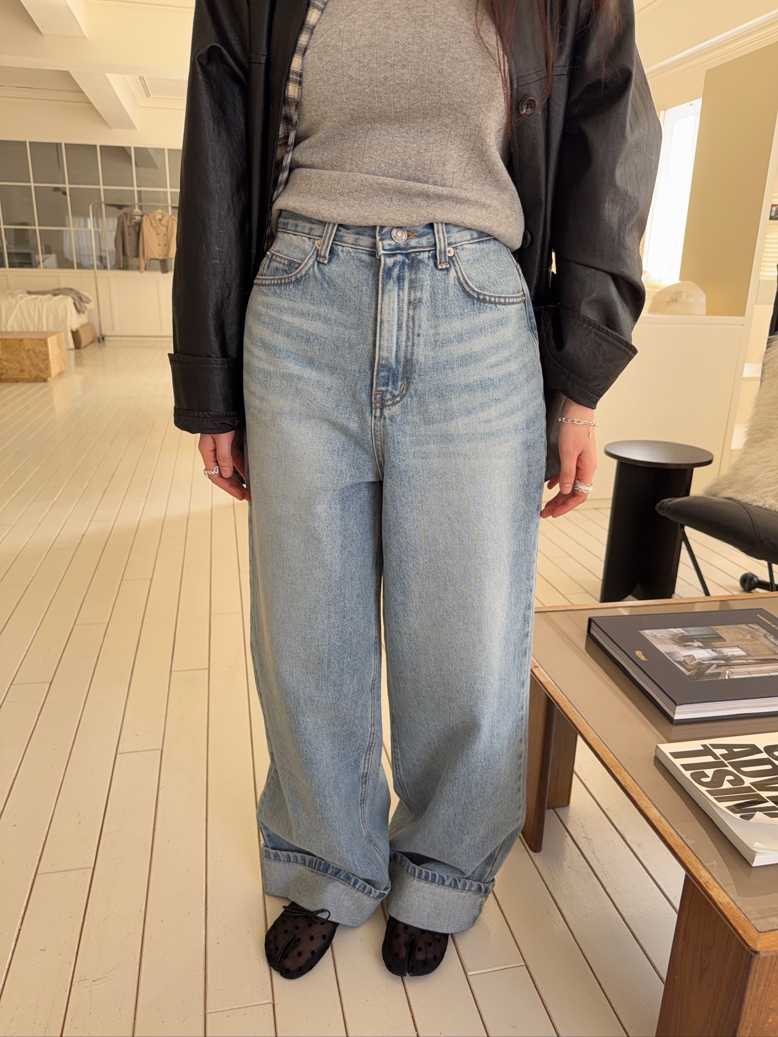 A85/反折褲管牛仔長褲