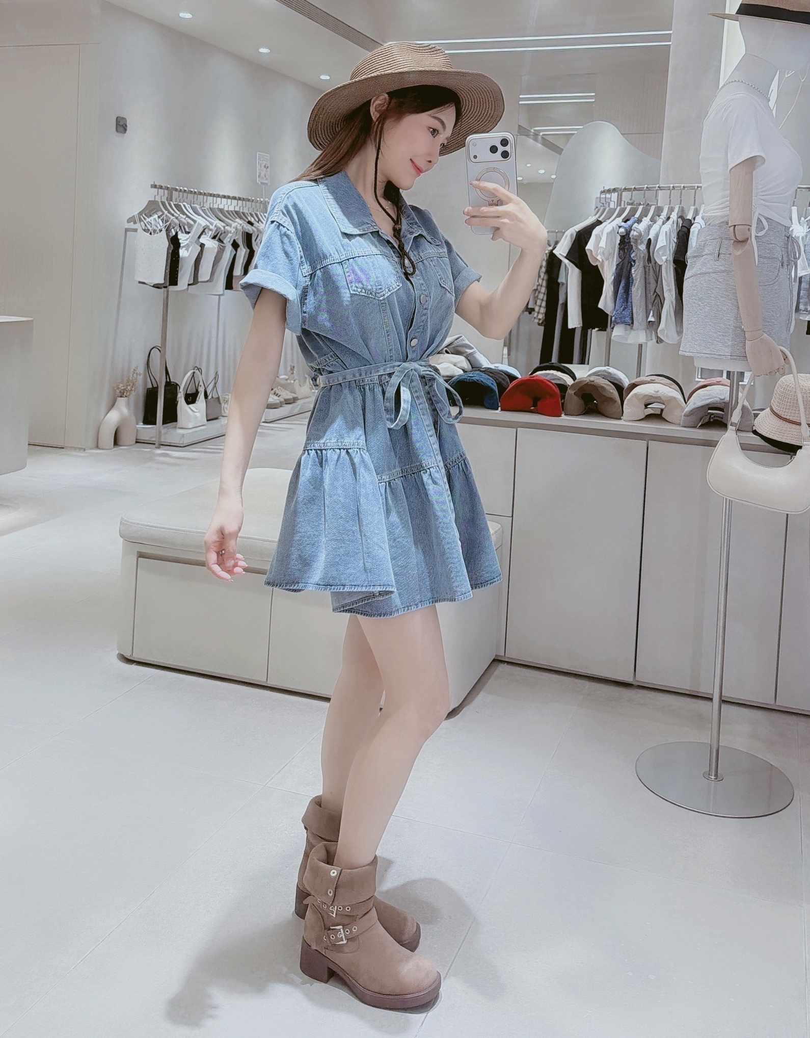 腰綁帶牛仔蛋糕短洋