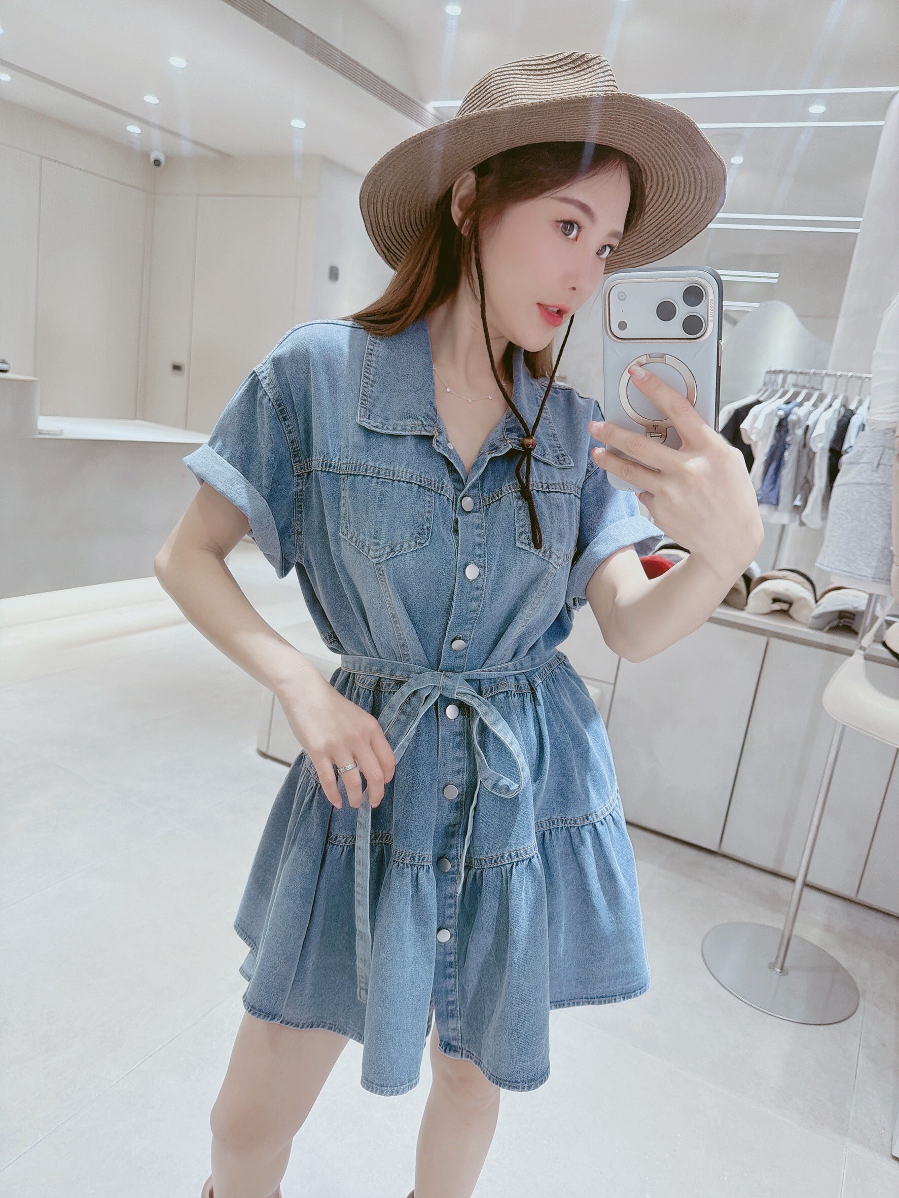 腰綁帶牛仔蛋糕短洋