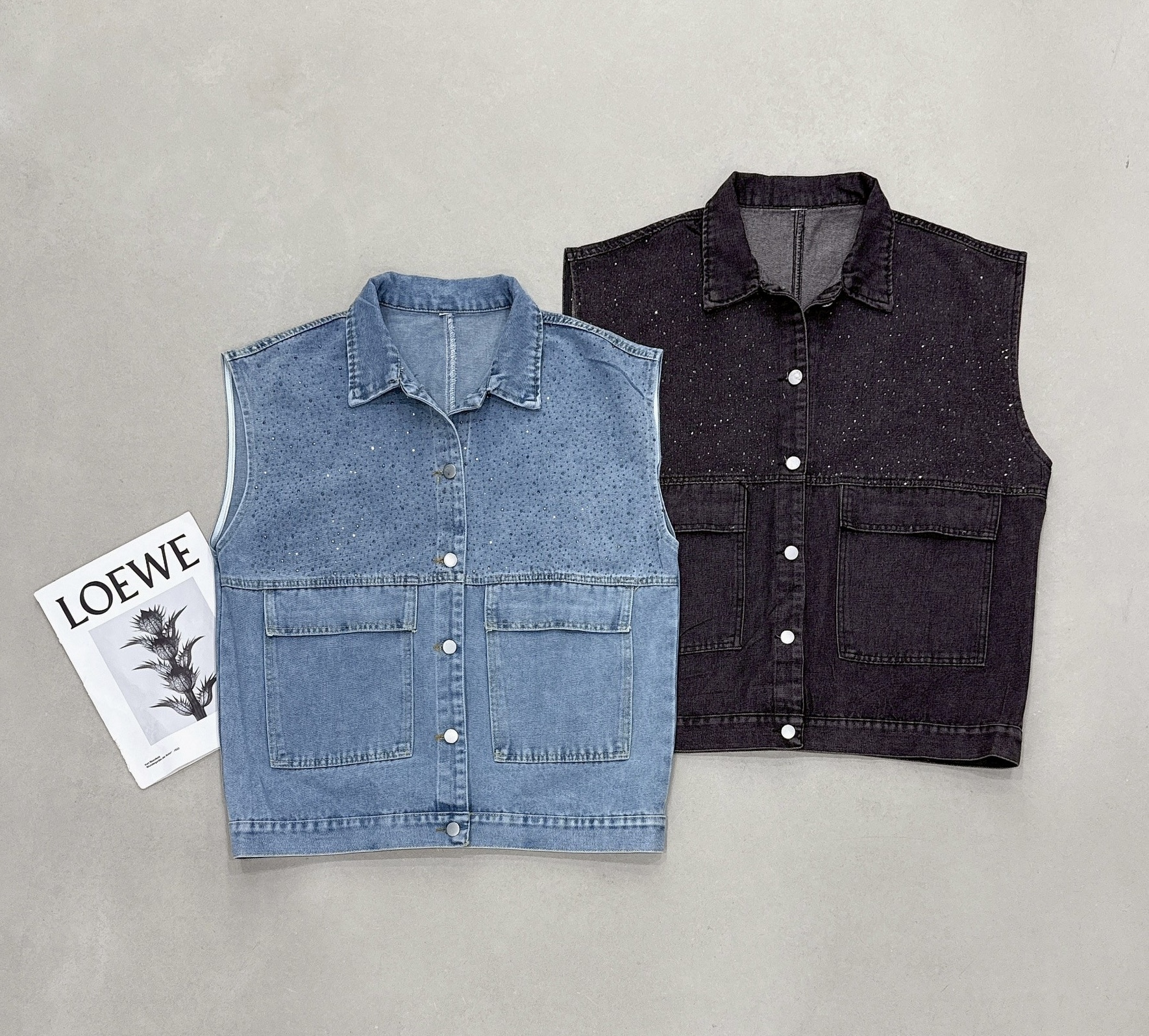 水鑽排釦寬版牛仔背心