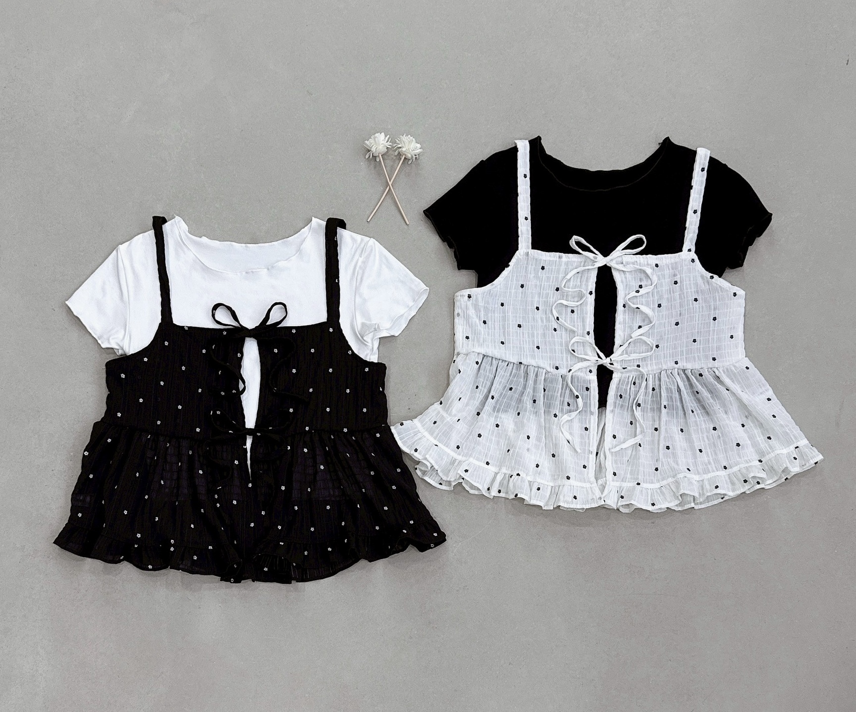 前綁小花雪紡背心+不收邊棉質衣