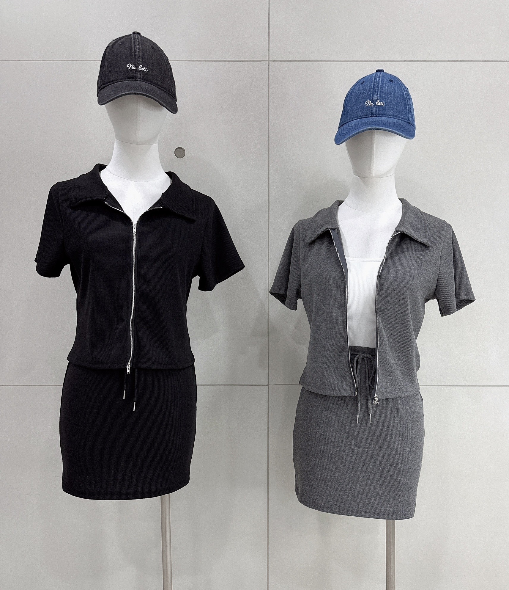 雙拉鍊細紋衣+抽繩包臀短裙