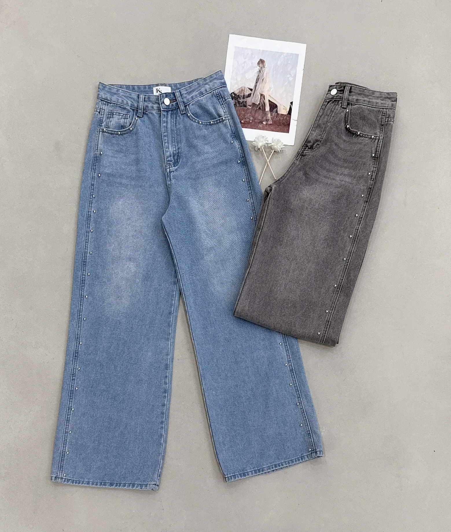 卯釘邊牛仔寬褲 9128