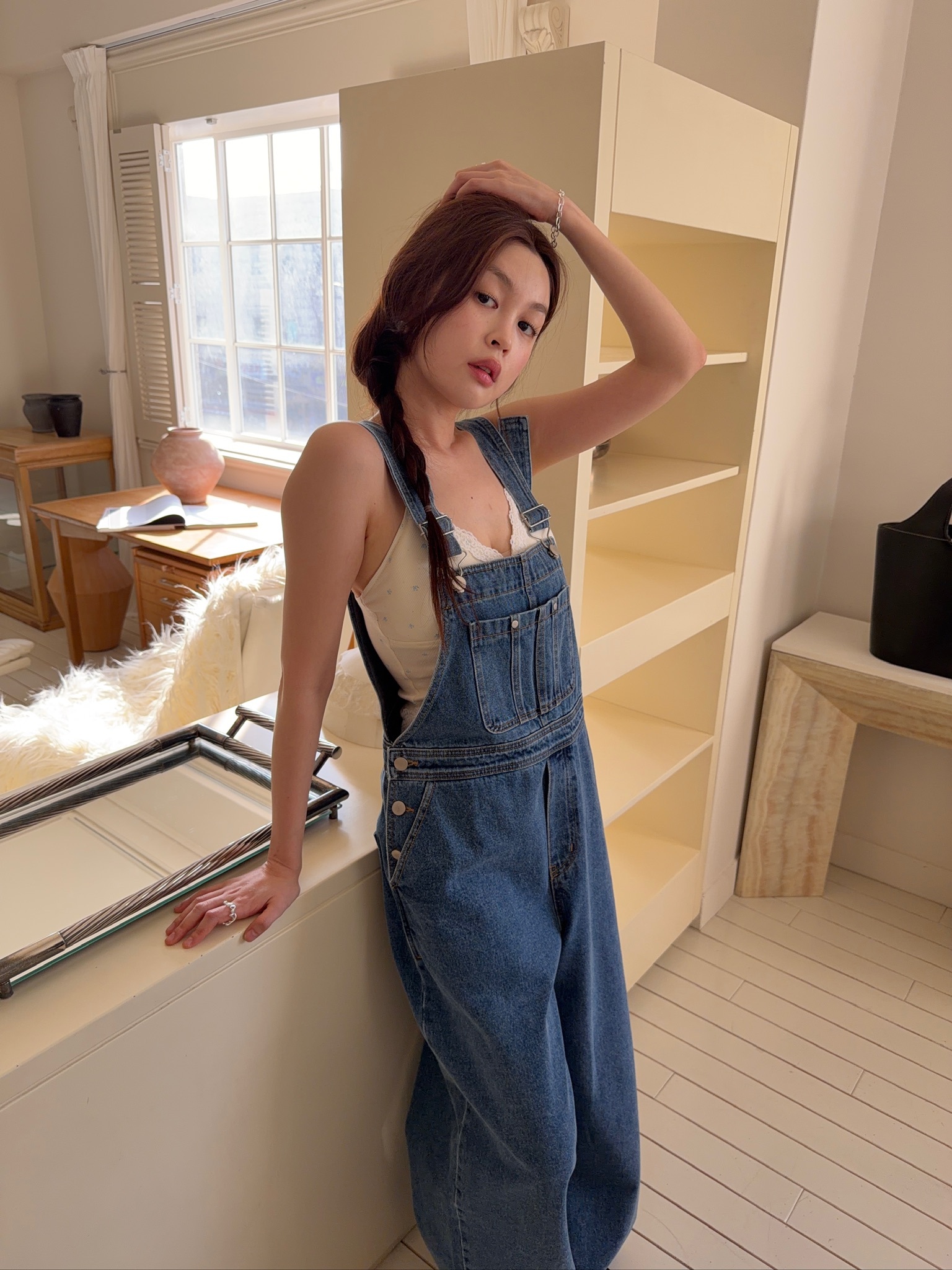 A86/復古洗色吊帶牛仔長褲