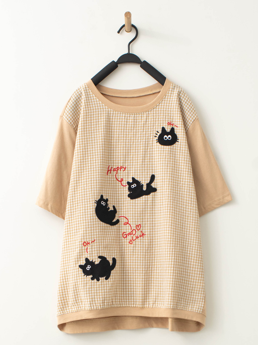 清新棉質HAPPY CAT格紋拼接短袖上衣
