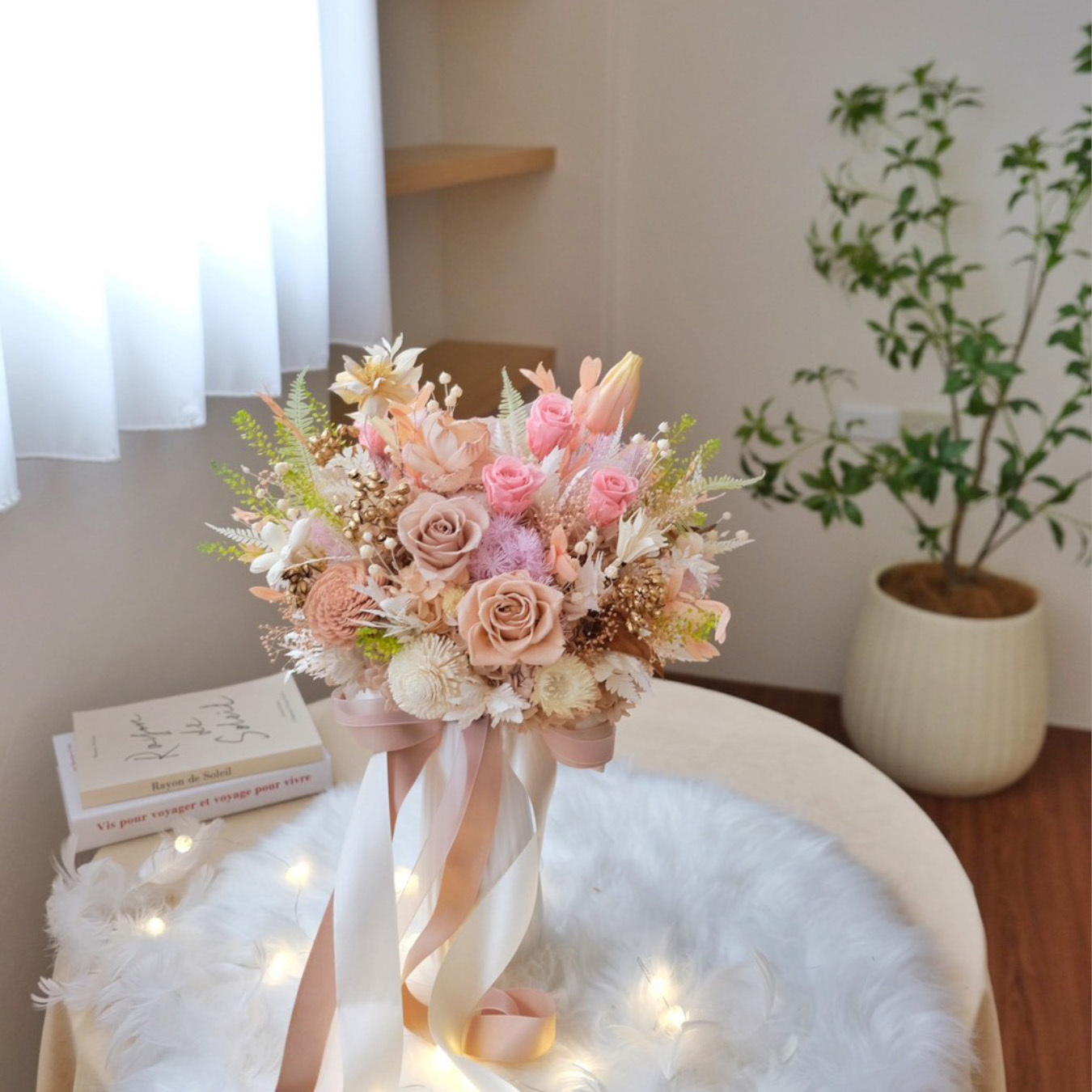 粉奶茶色永生捧花 精緻新娘捧花