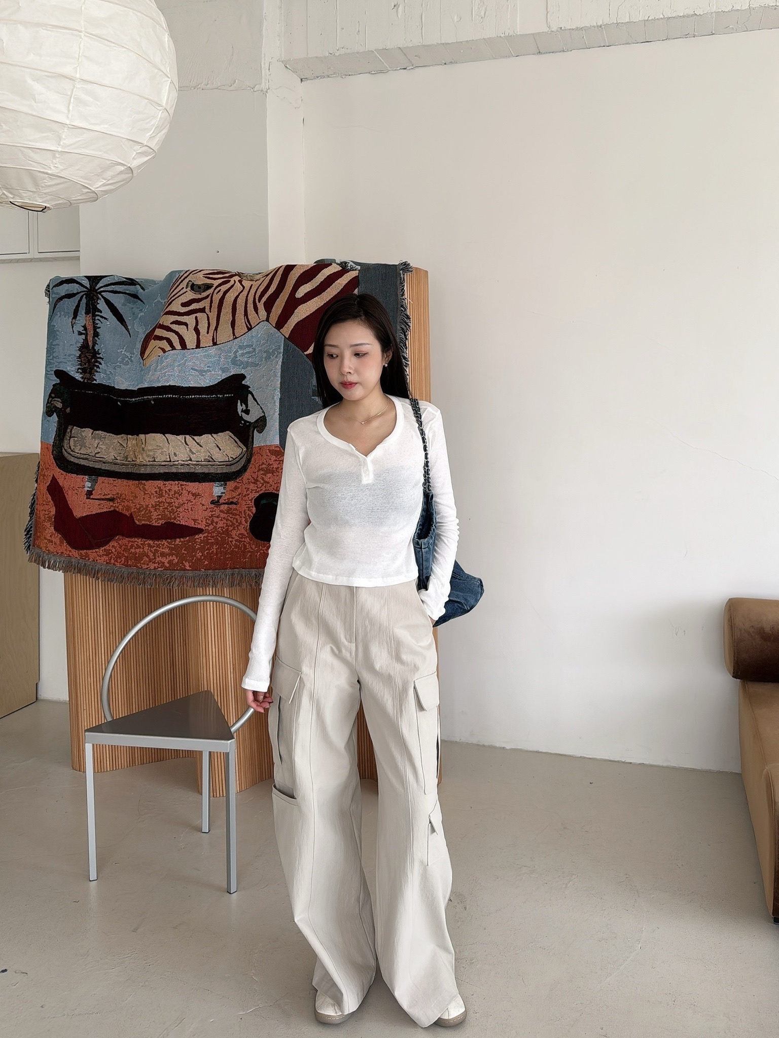 E18 亨利領短版長袖T (灰/白)