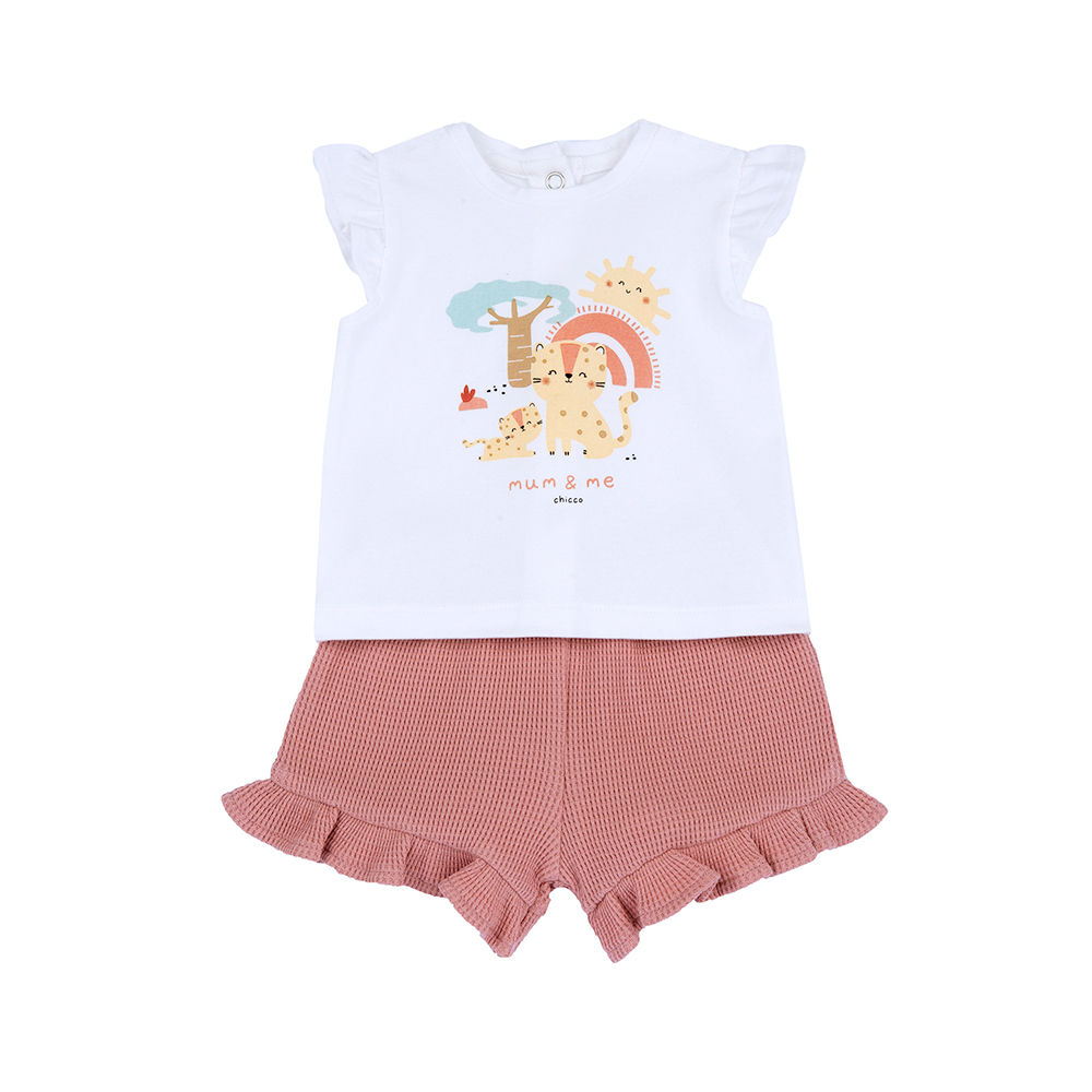 精選可愛動物園-印圖+荷葉短褲短袖套裝 C