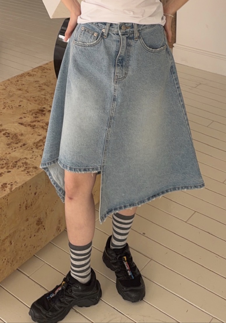 A34/工業感雕塑不規則單寧牛仔中長裙