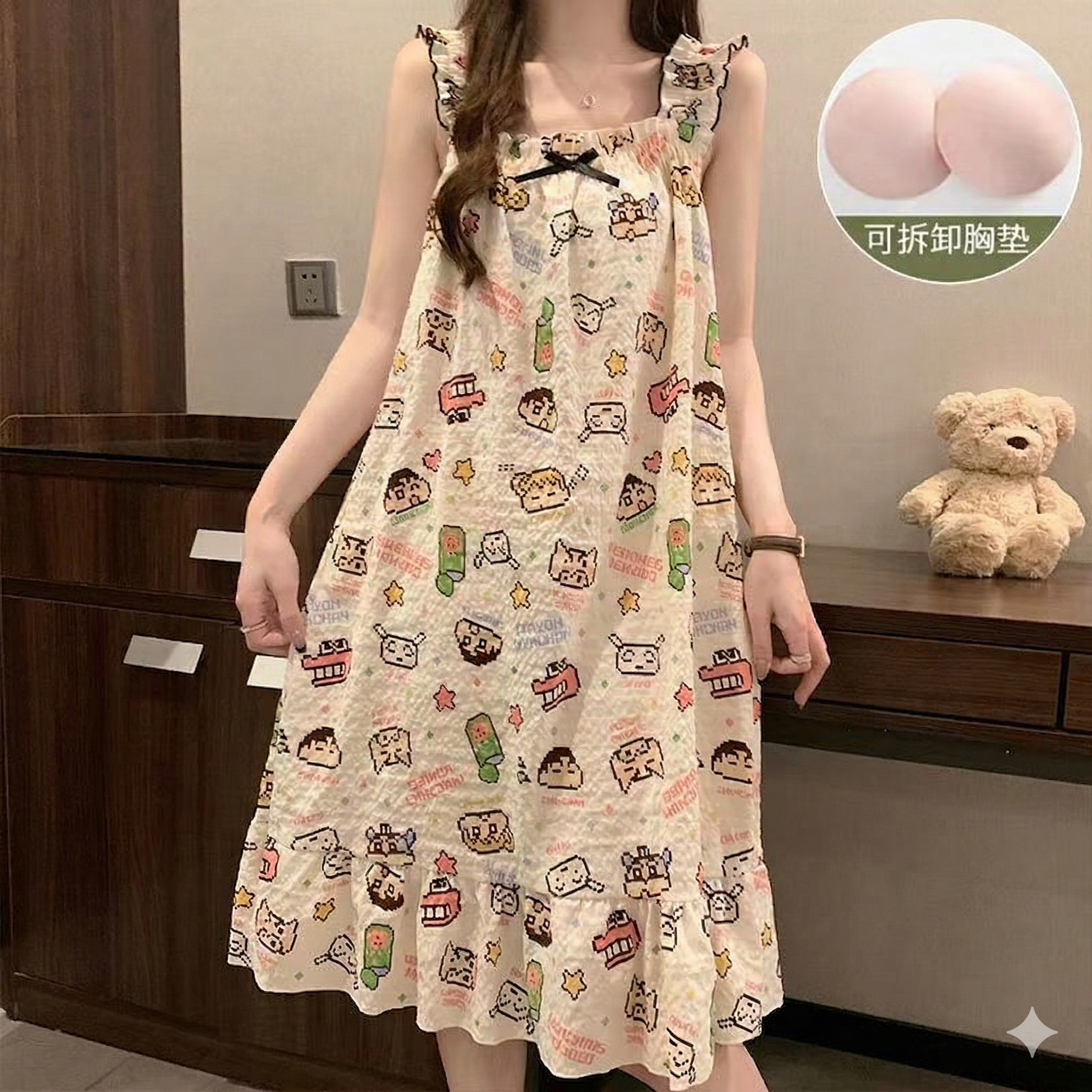 【蠟筆小新】泡泡紗無袖連身睡裙（含可拆式胸墊）