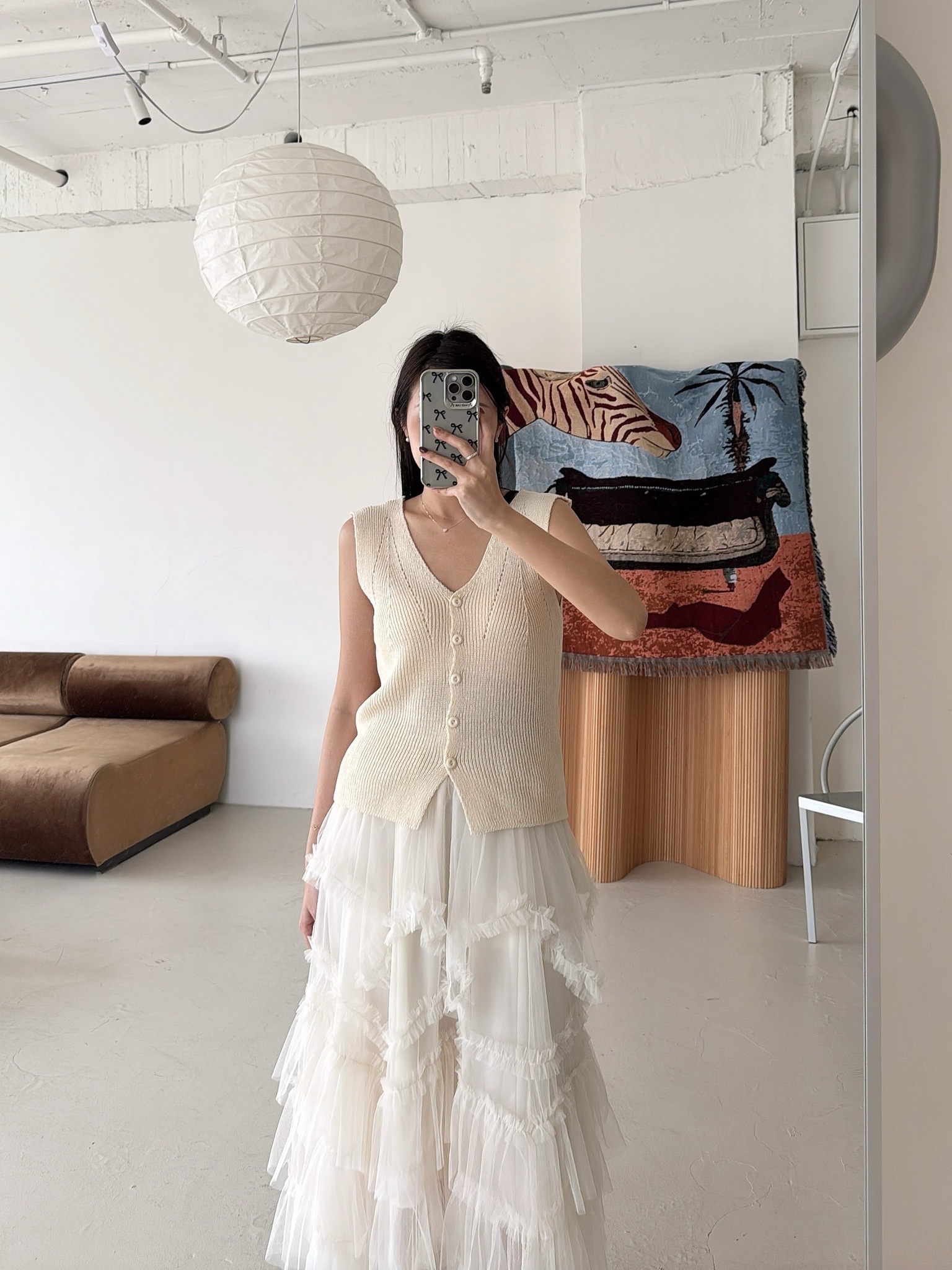 E16 個性紗長裙 （米/咖）